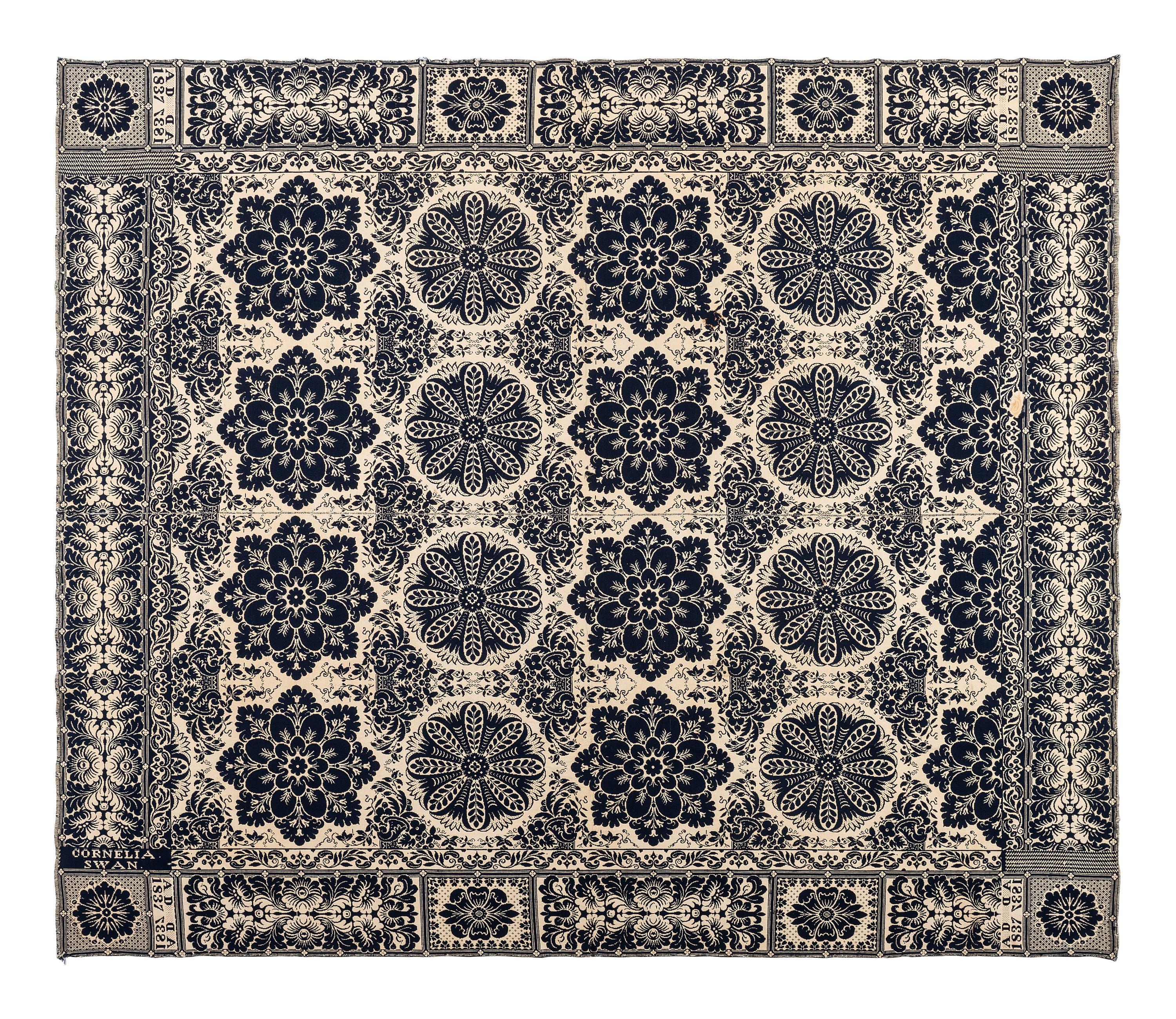A Blue and White Jacquard Woven Liberty Coverlet