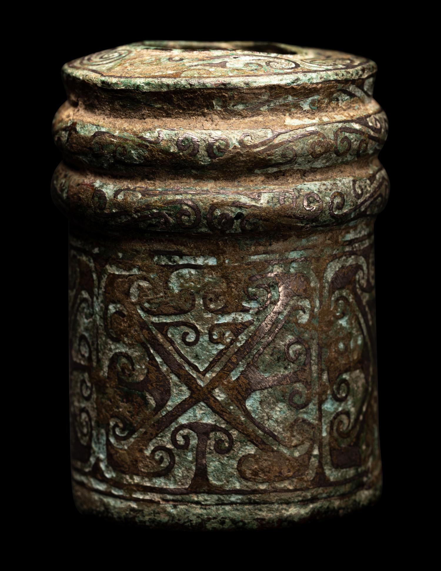 A Chinese Silver Inlaid Bronze Chariot Axle Fitting