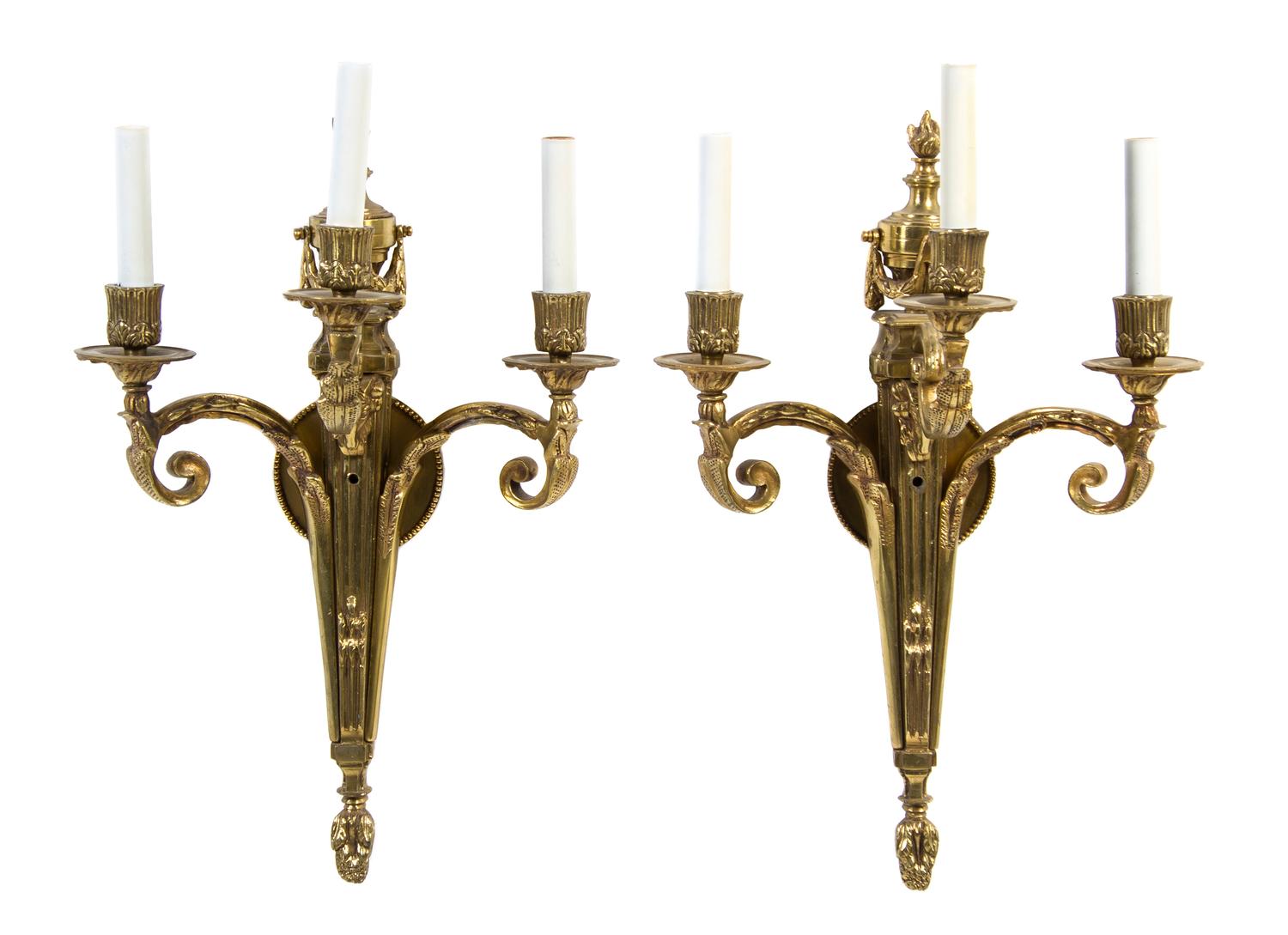 A Pair of Louis XV Style Gilt Bronze Three-Light Sconces, Height 20 1/2 inches.