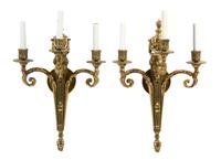 A Pair of Louis XV Style Gilt Bronze Three-Light Sconces, Height 20 1/2 inches.