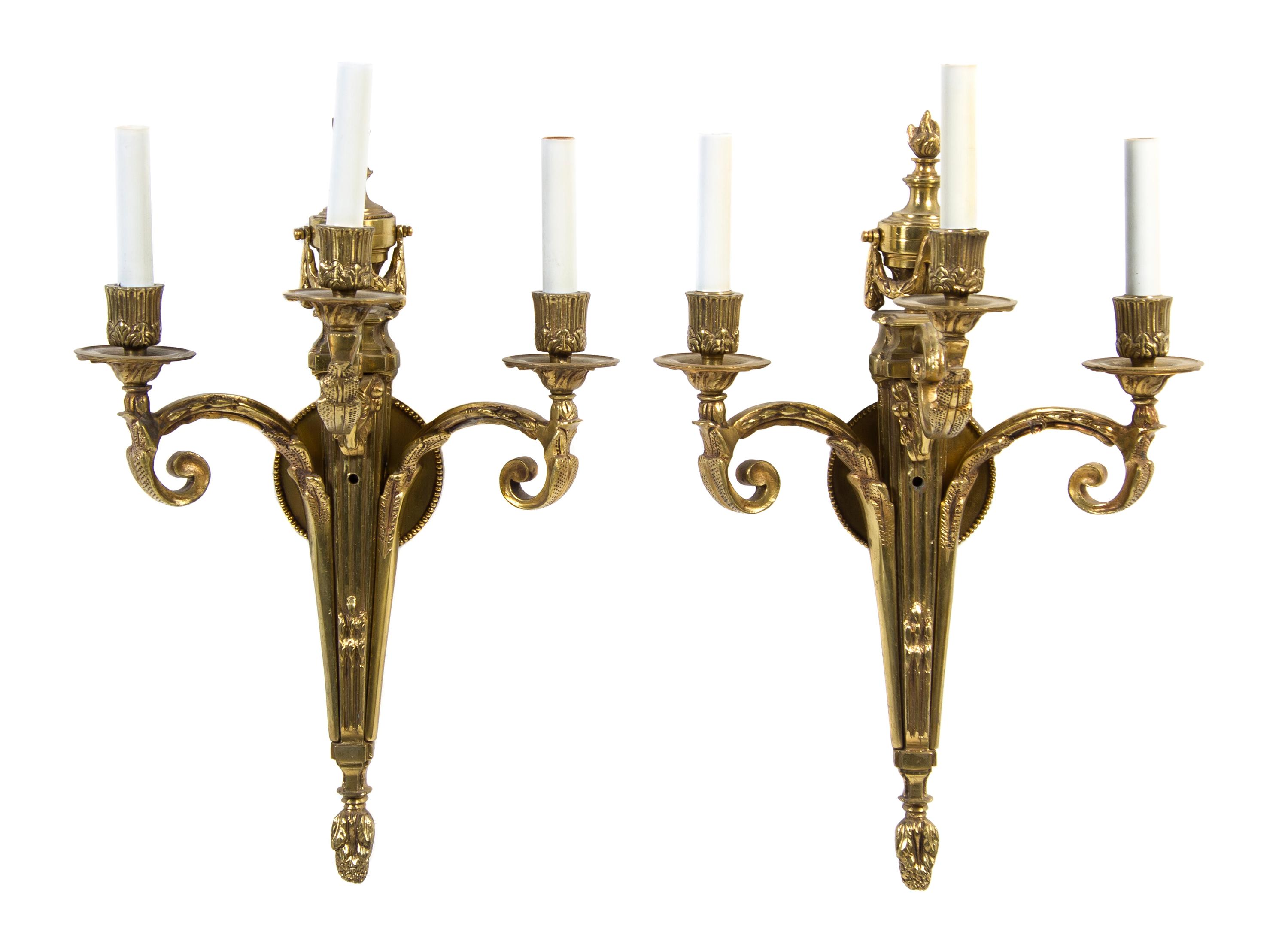A Pair of Louis XV Style Gilt Bronze Three-Light Sconces, Height 20 1/2 inches.
