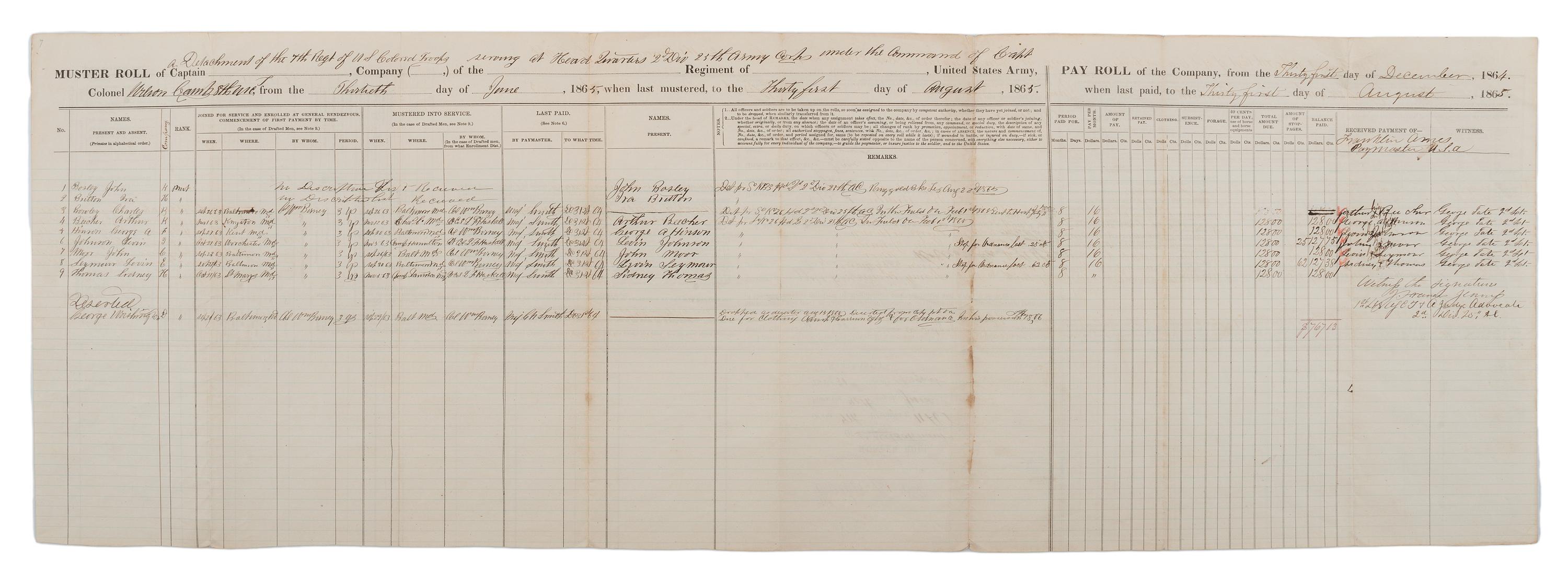 [CIVIL WAR]. A group of 9 documents related to the 7th US Colored Troops including muster rolls and appointments for 2nd Lieutenant Joseph M. Califf.