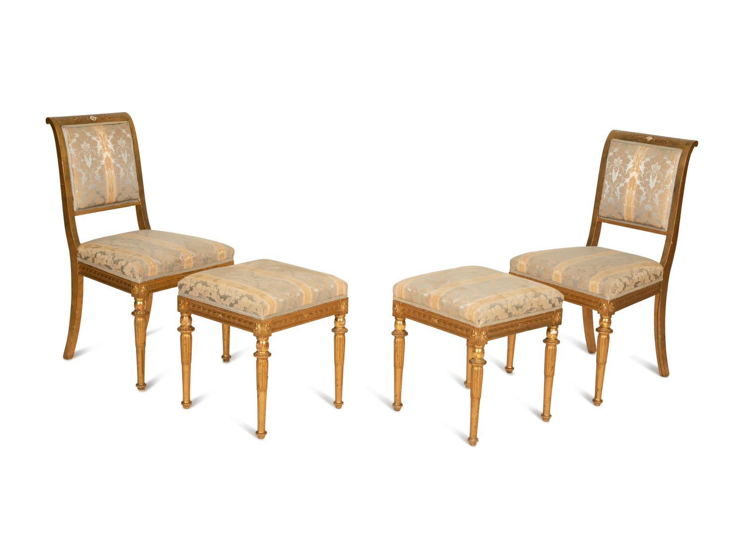 A Pair of Directoire Style Giltwood Side Chairs with Matching Tabourets — 20th Century