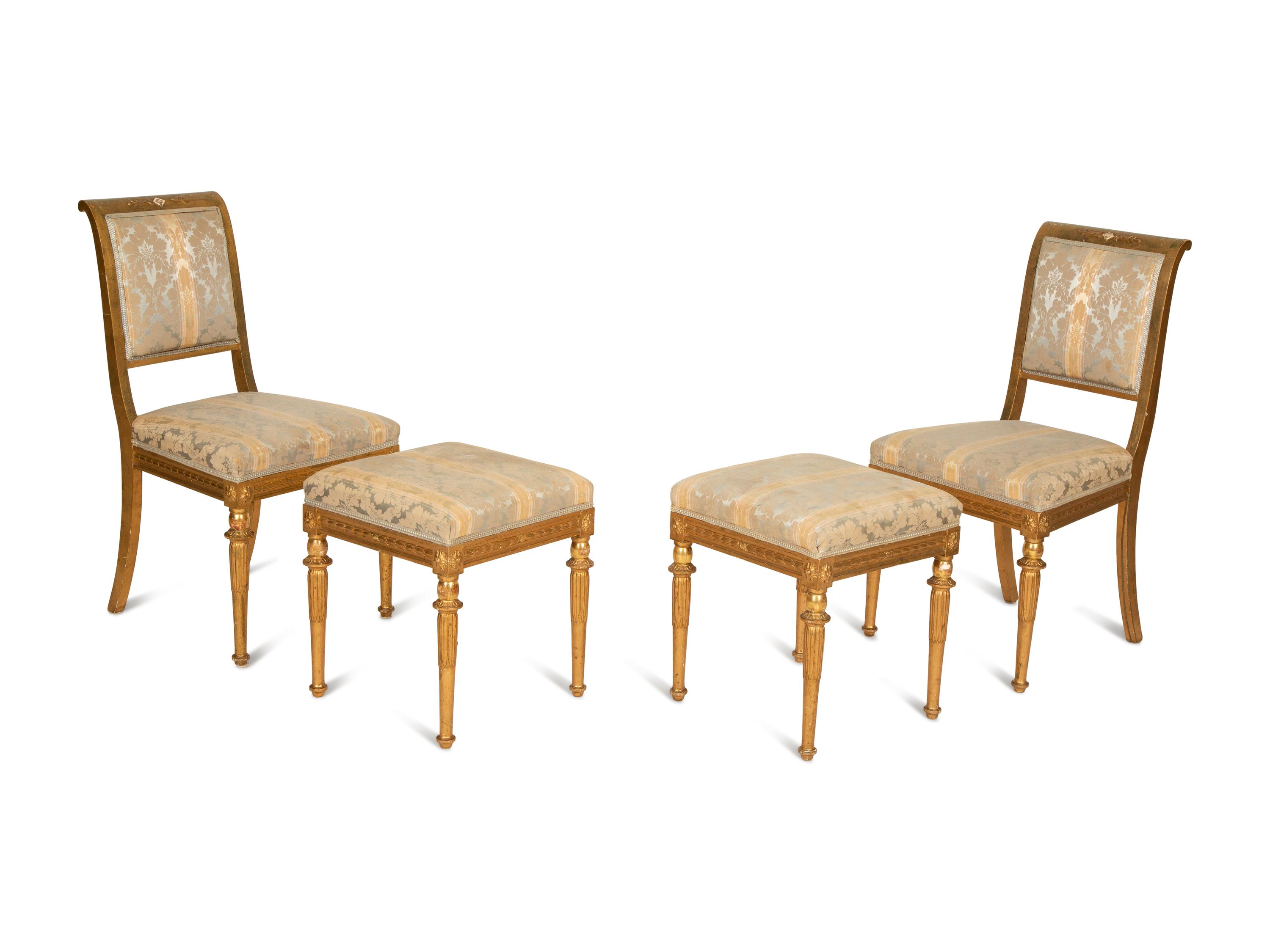 A Pair of Directoire Style Giltwood Side Chairs with Matching Tabourets — 20th Century