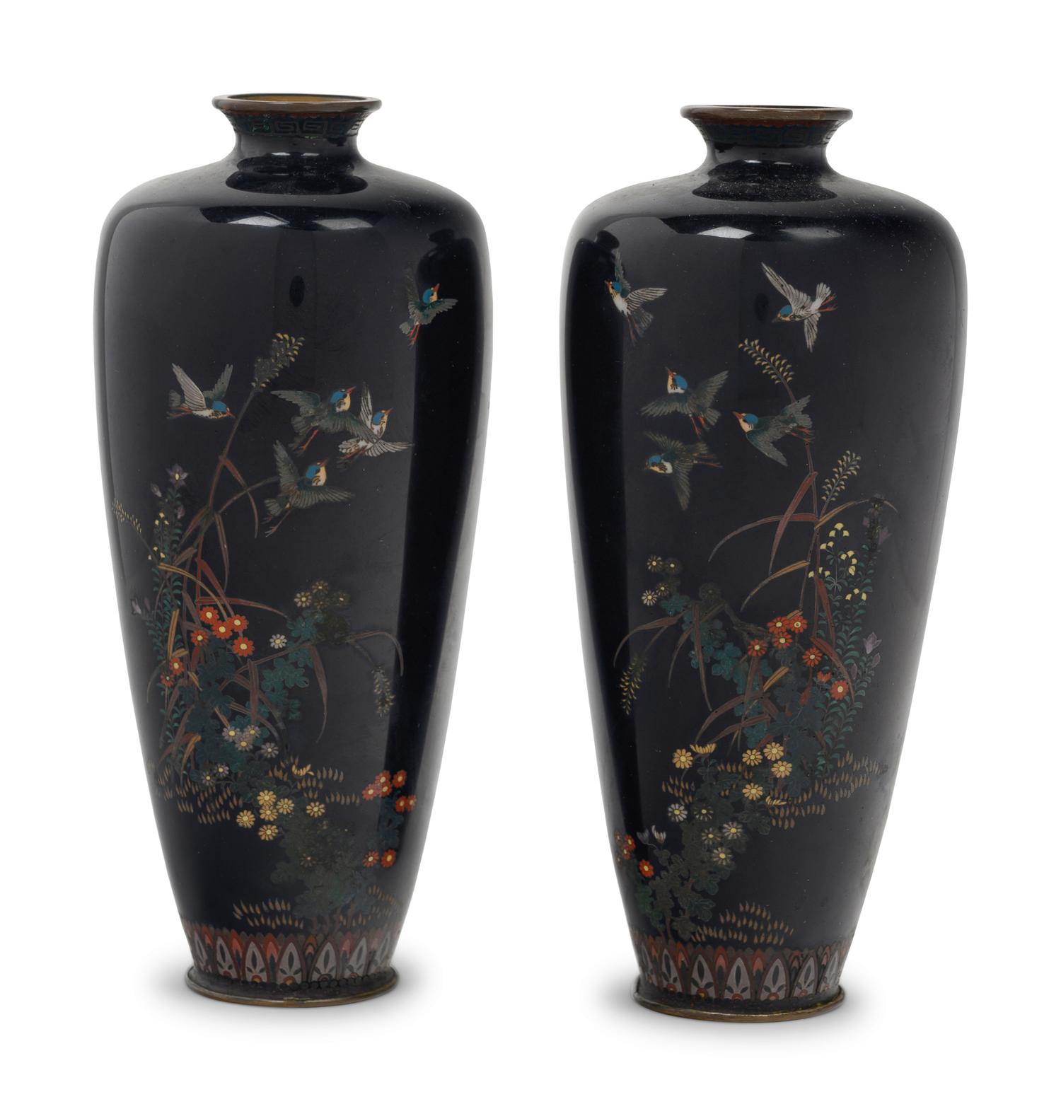 A Pair of Black Ground Cloisonné Vases