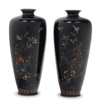 A Pair of Black Ground Cloisonné Vases
