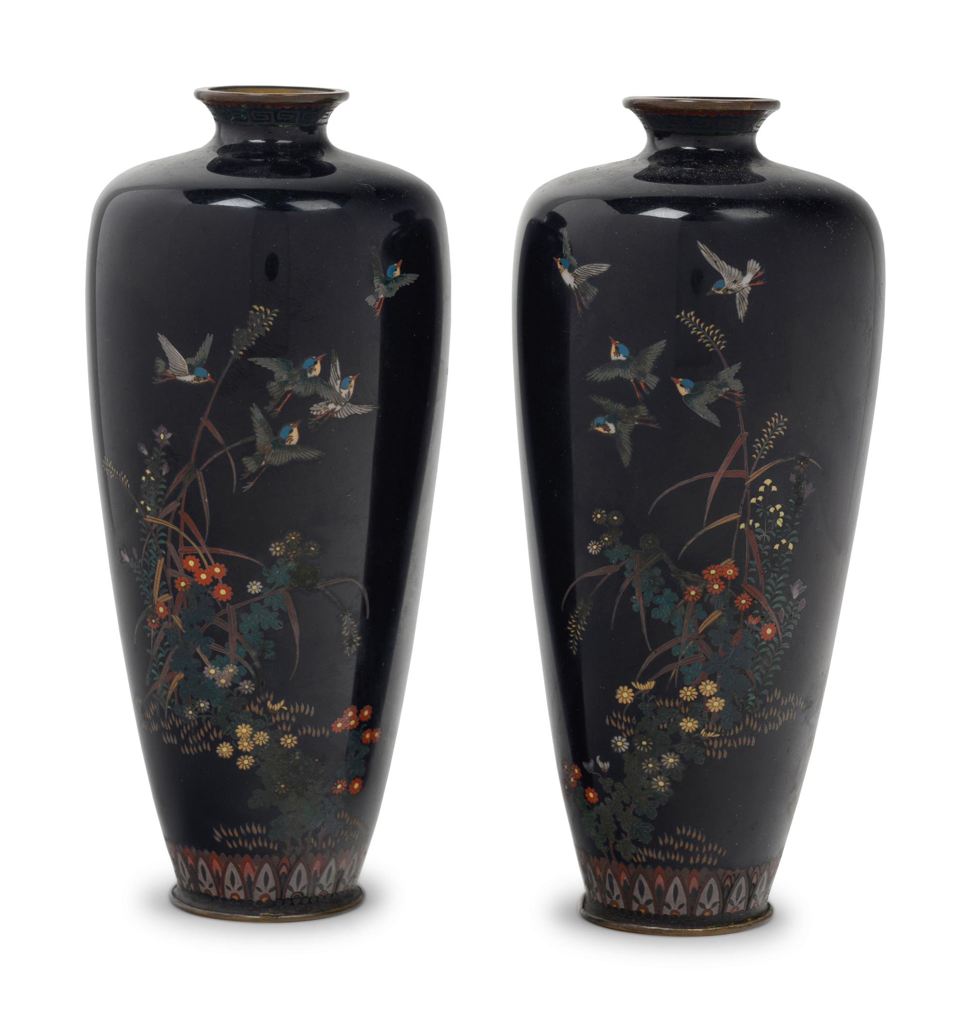 A Pair of Black Ground Cloisonné Vases