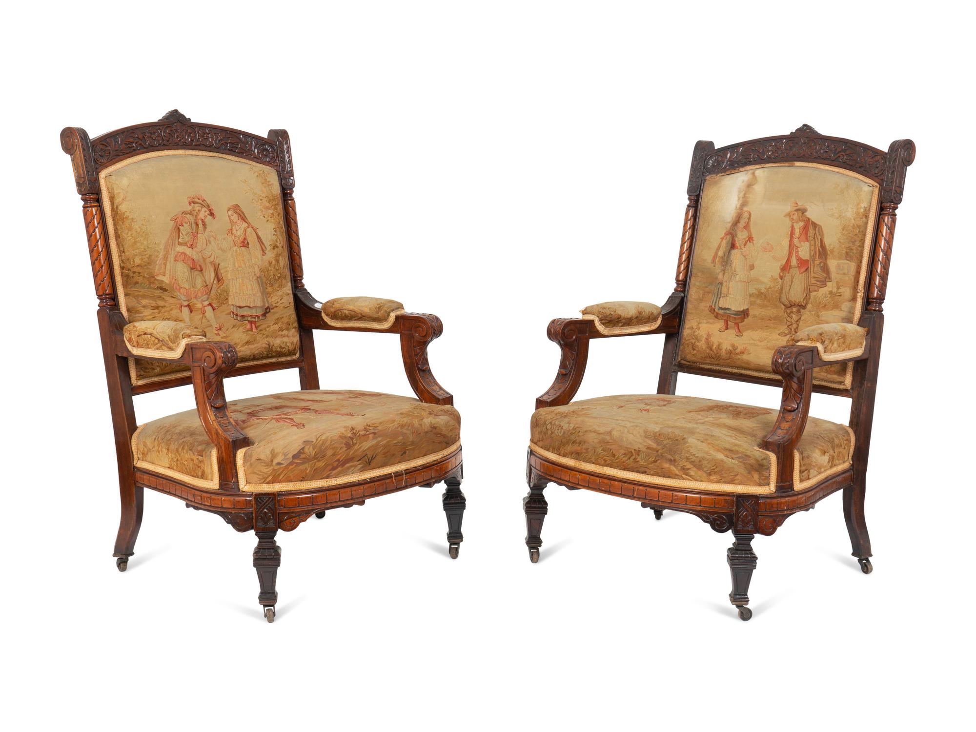 A Pair of Victorian Carved Walnut Armchairs with Tapestry Upholstery — 19TH CENTURY