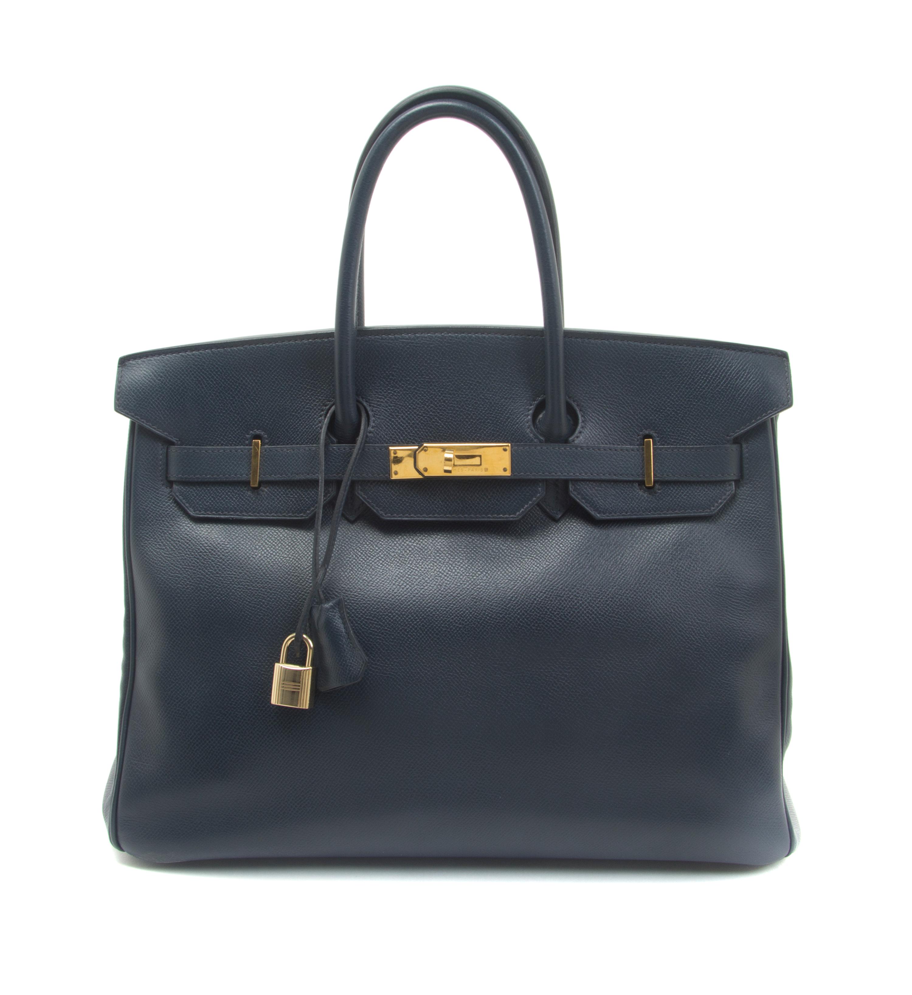 An Hermes 35cm Indigo Leather Birkin Bag, 14 x 10 x 7 inches.