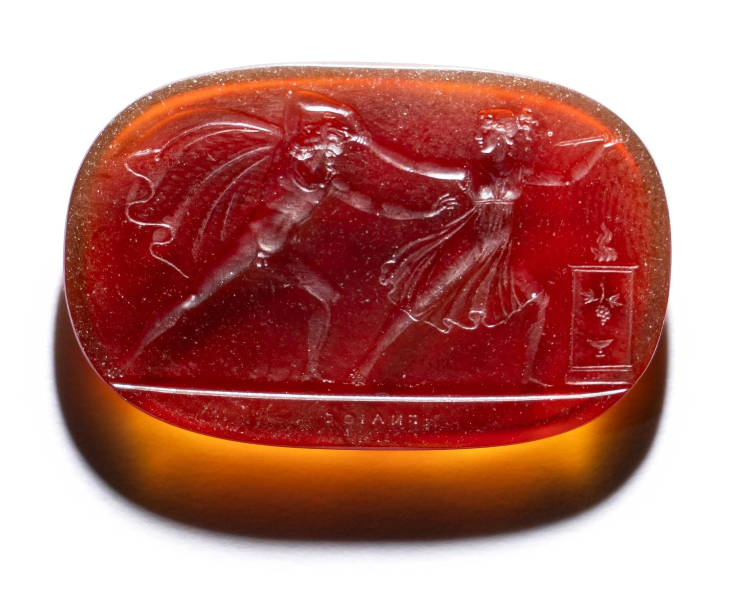 A Neoclassical Carnelian Intaglio with Cyanippus Dragged by his Daughter Cyane to the Alter