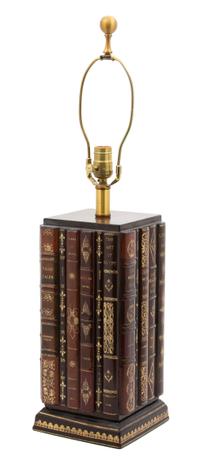 A Leather Book Spine Clad Table Lamp with Black Leather Shade Height 29 1/2 inches. — 20TH CENTURY