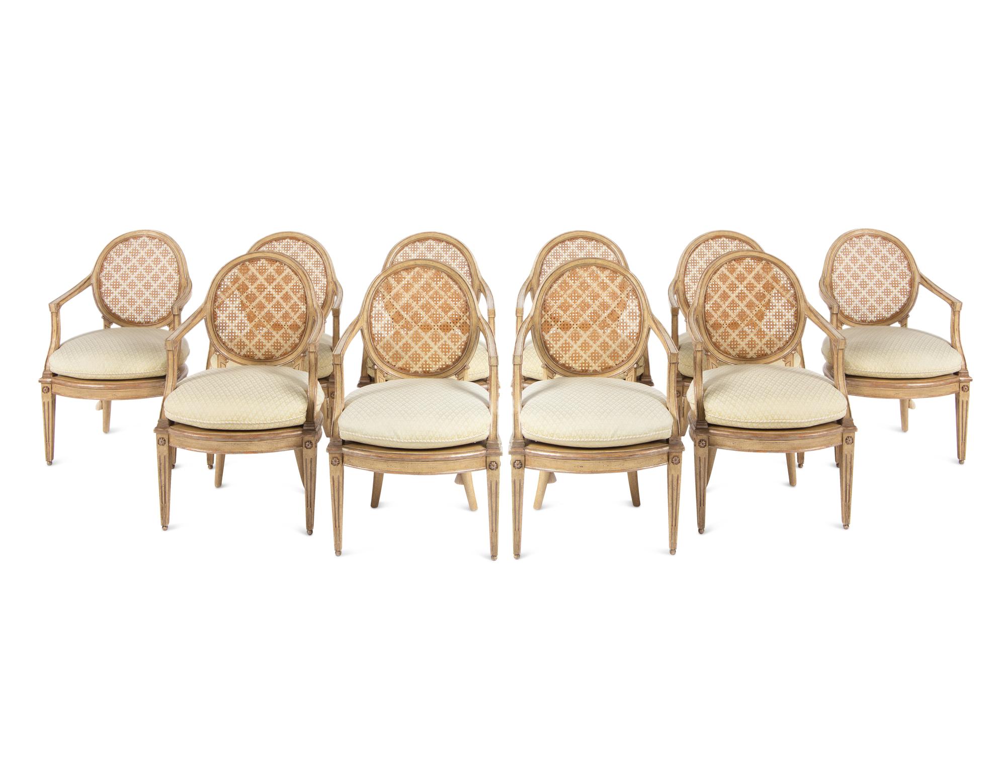A Set of Ten Louis XVI Style Cream-Painted Dining Chairs