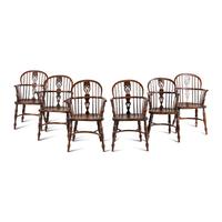 A Set of Six Yew and Elm Windsor Chairs