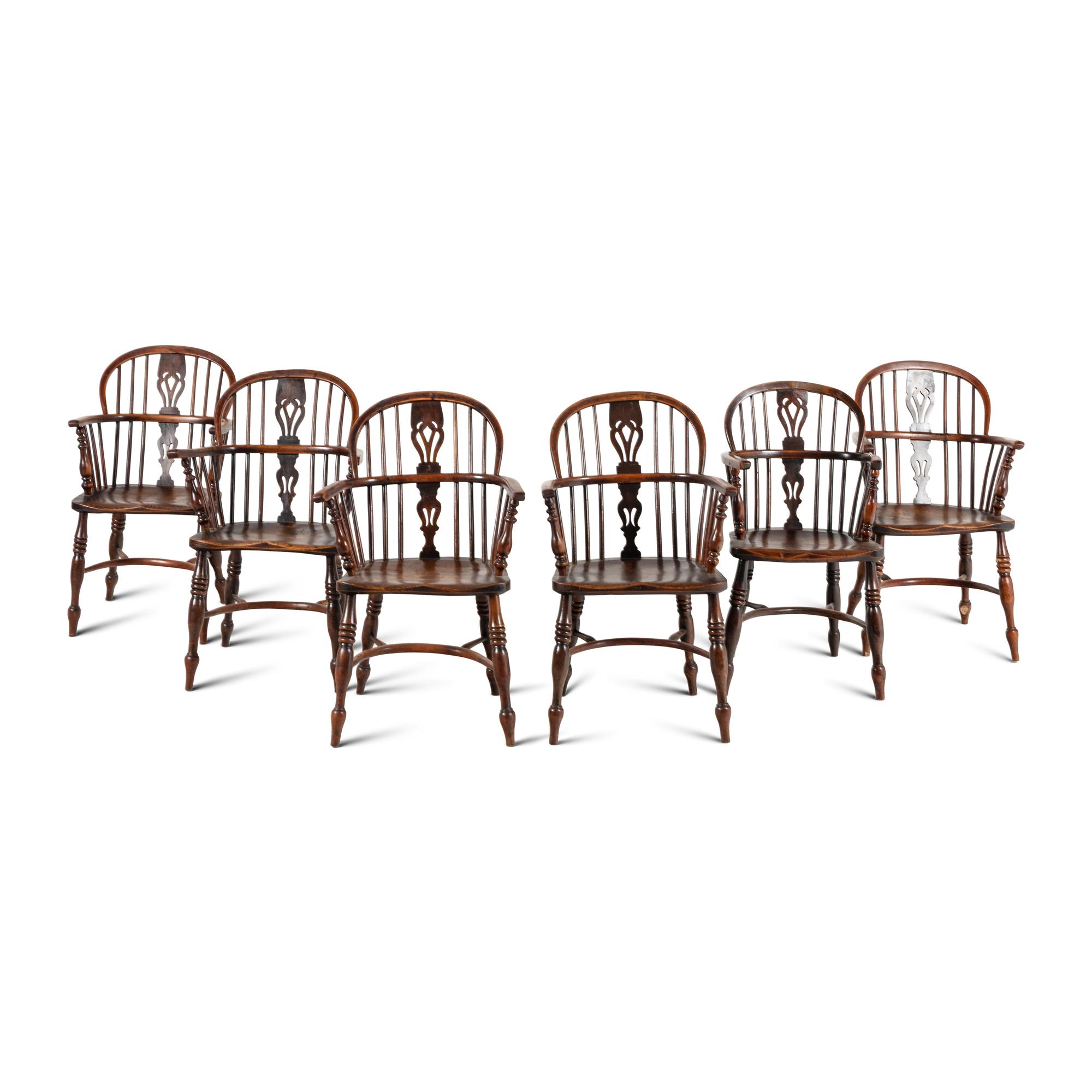 A Set of Six Yew and Elm Windsor Chairs