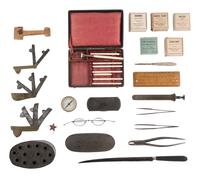 [MILITARIA - MEDICAL]. Medical tools and aids, incl. pair of Civil War-period crutches and brace.