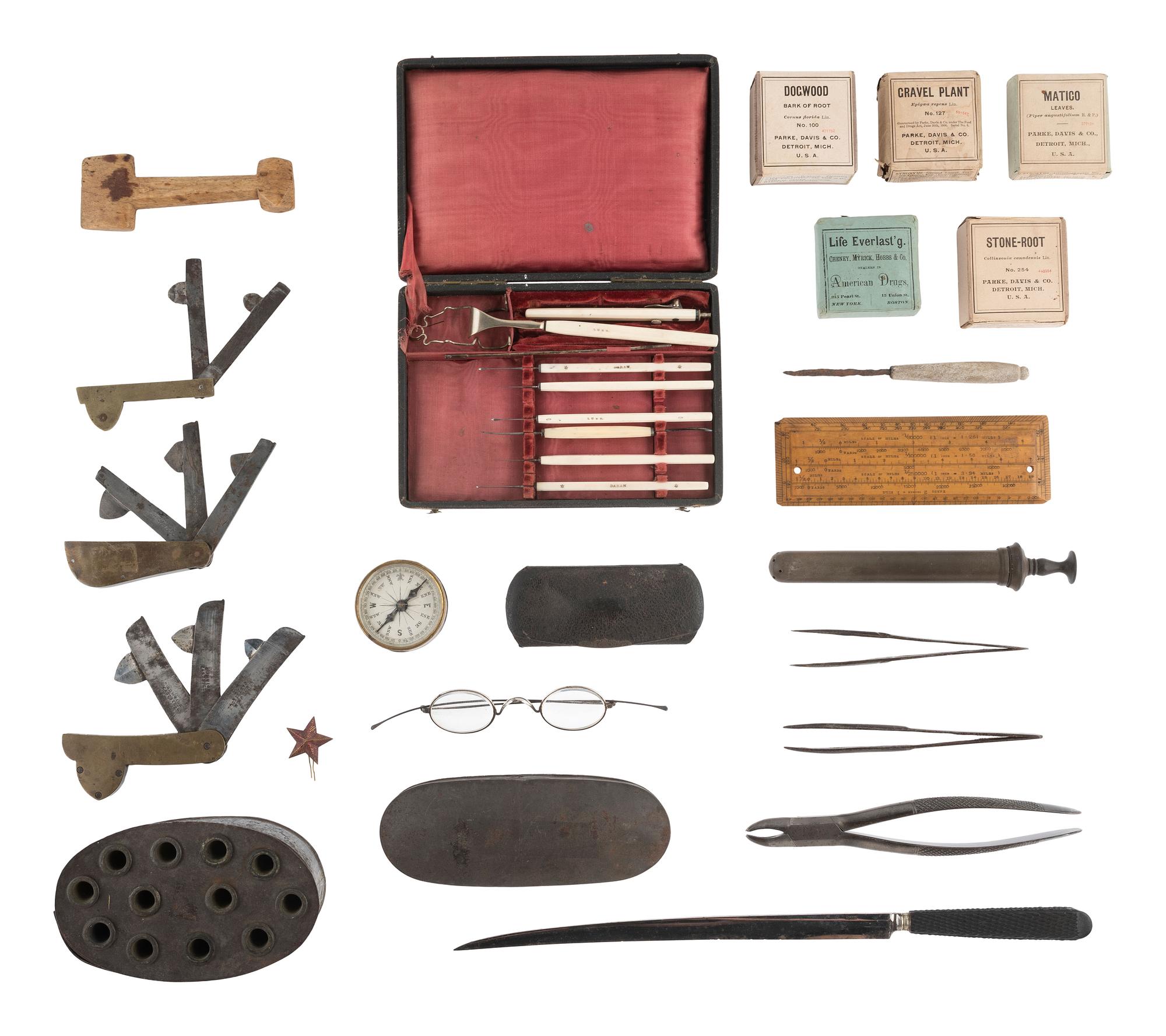[MILITARIA - MEDICAL]. Medical tools and aids, incl. pair of Civil War-period crutches and brace.