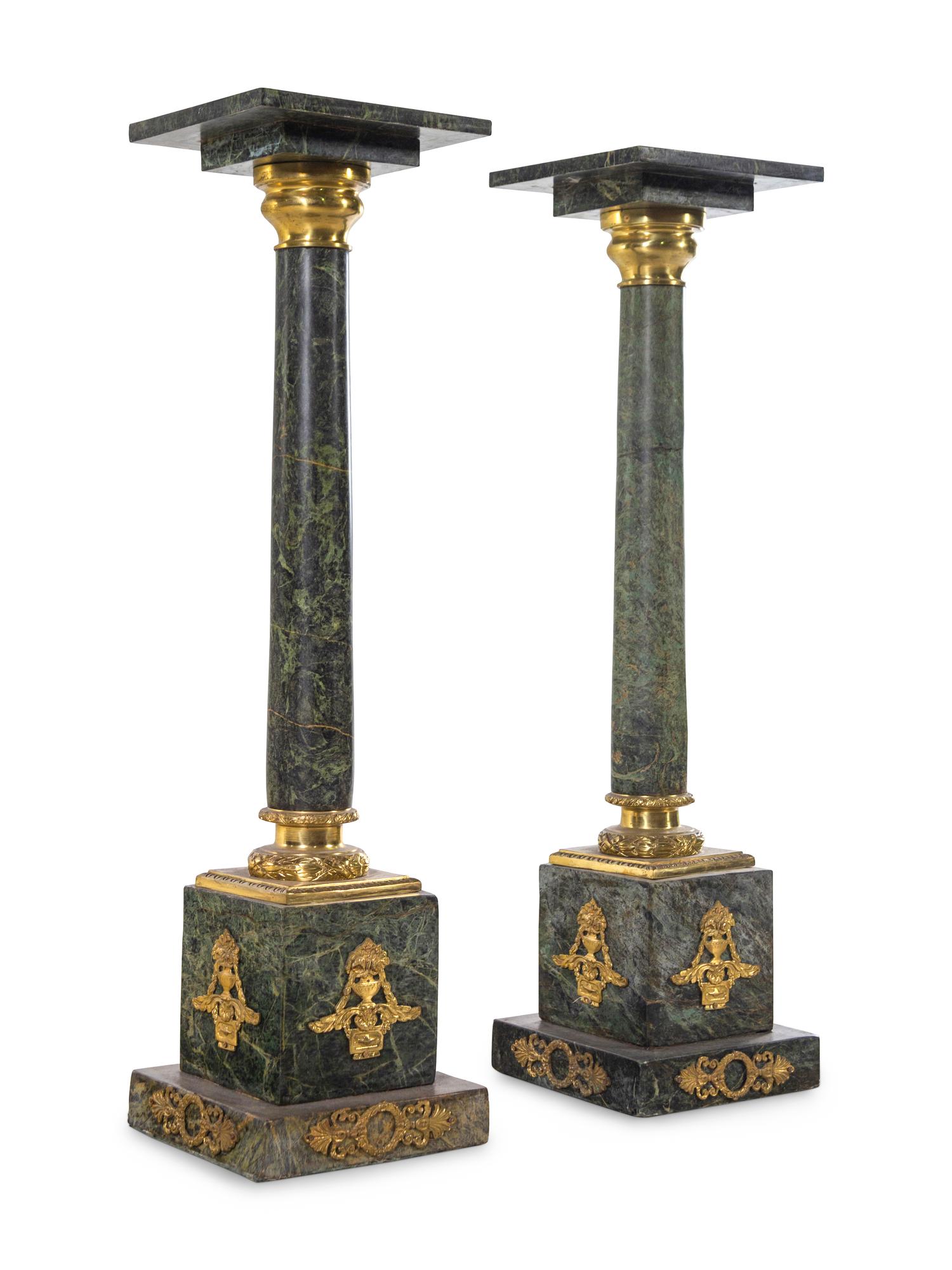 A Pair of Neoclassical Style Gilt Bronze Mounted Marble Pedestals
