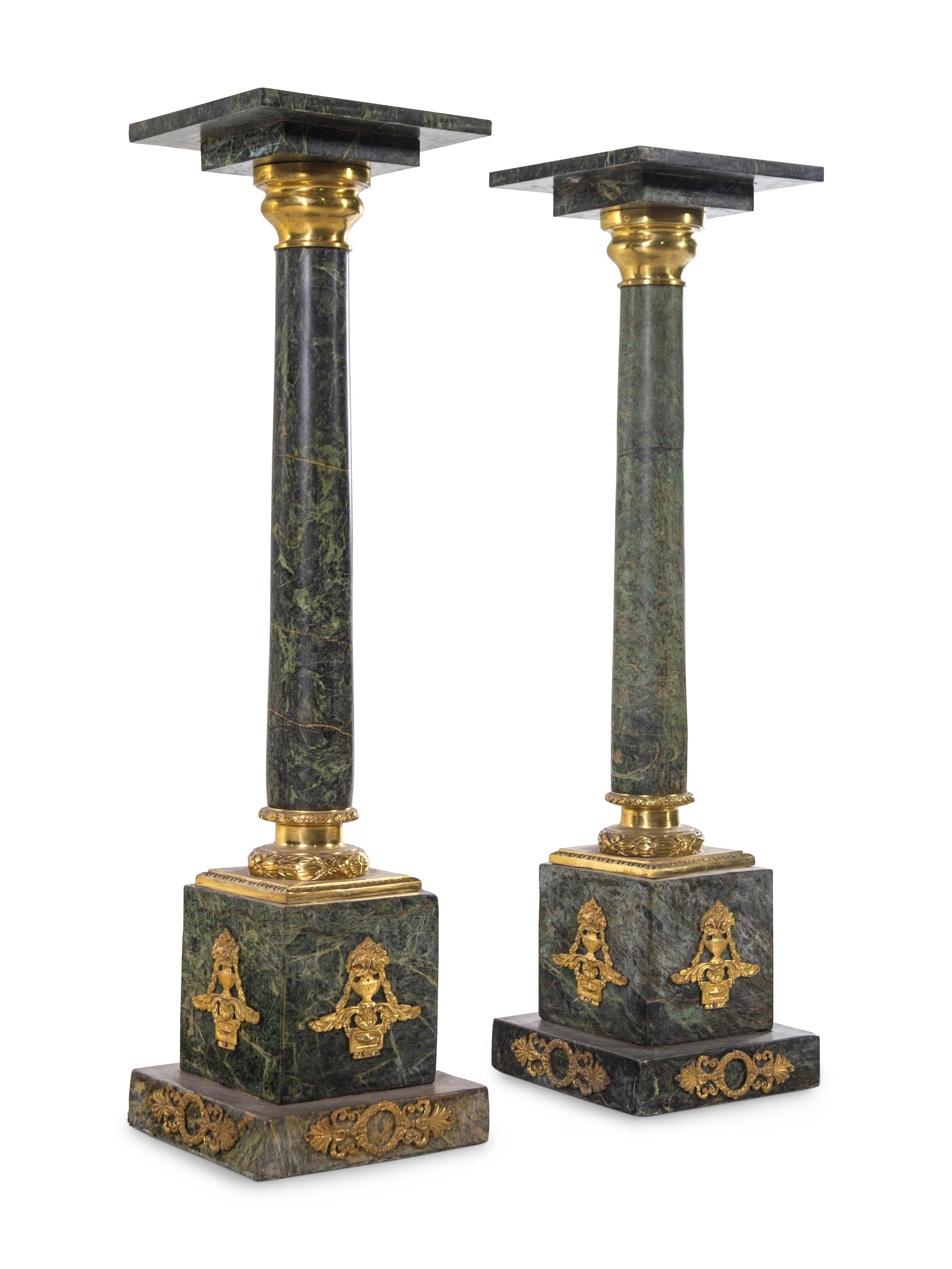 A Pair of Neoclassical Style Gilt Bronze Mounted Marble Pedestals