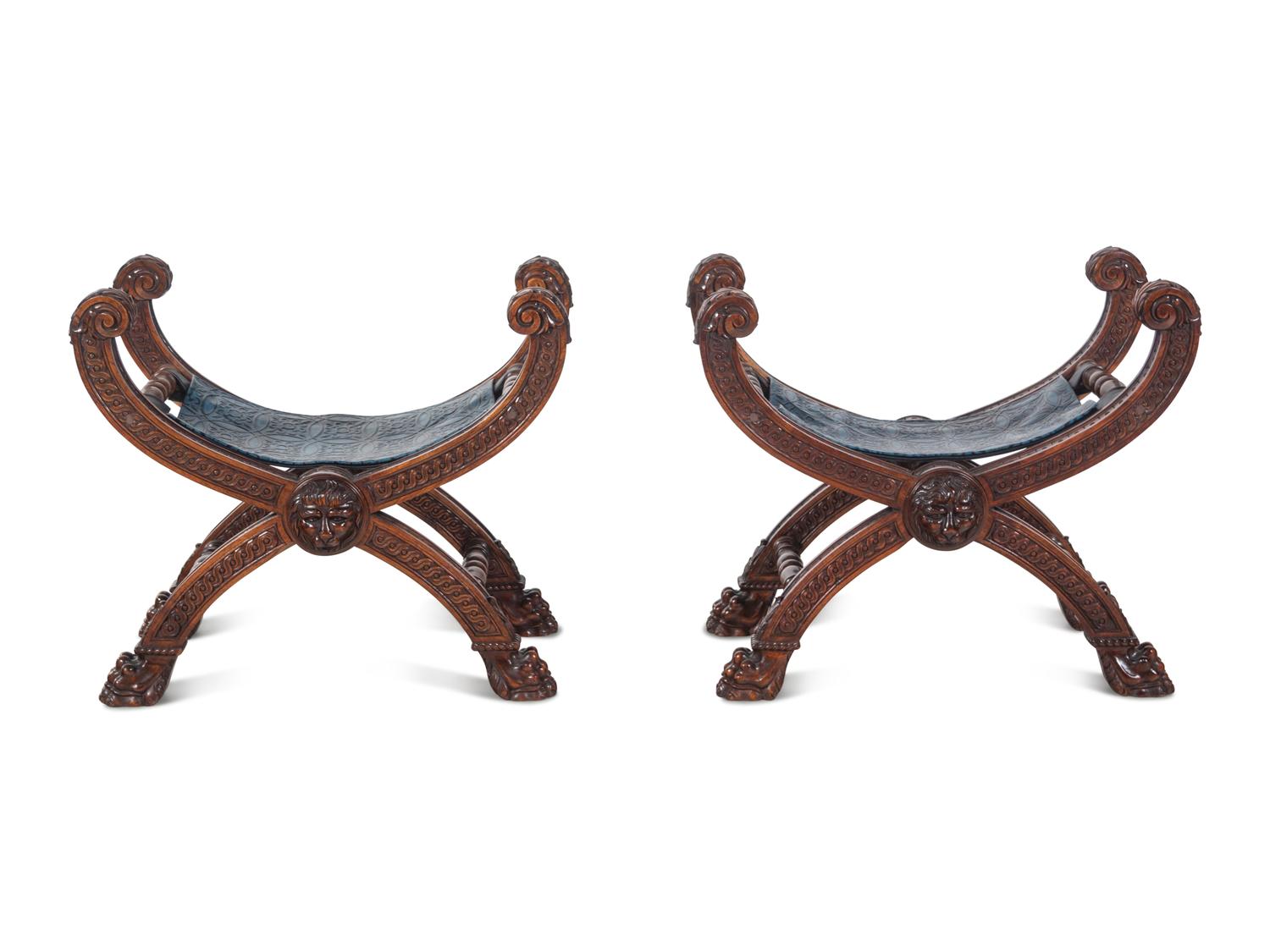 A Pair of Baroque Style Carved Walnut Stools