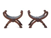A Pair of Baroque Style Carved Walnut Stools