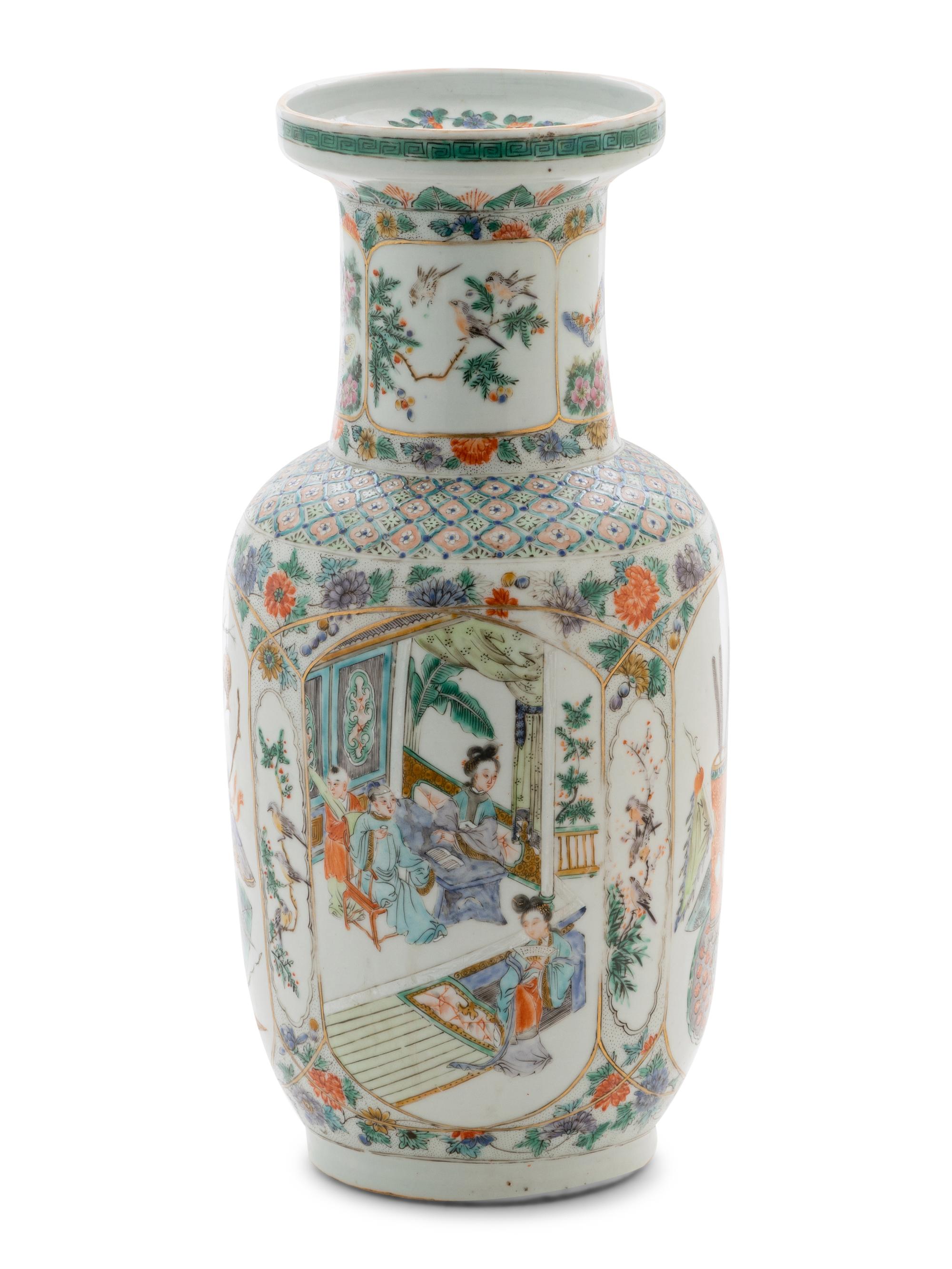 A Chinese Famille Verte Porcelain Rouleau Vase