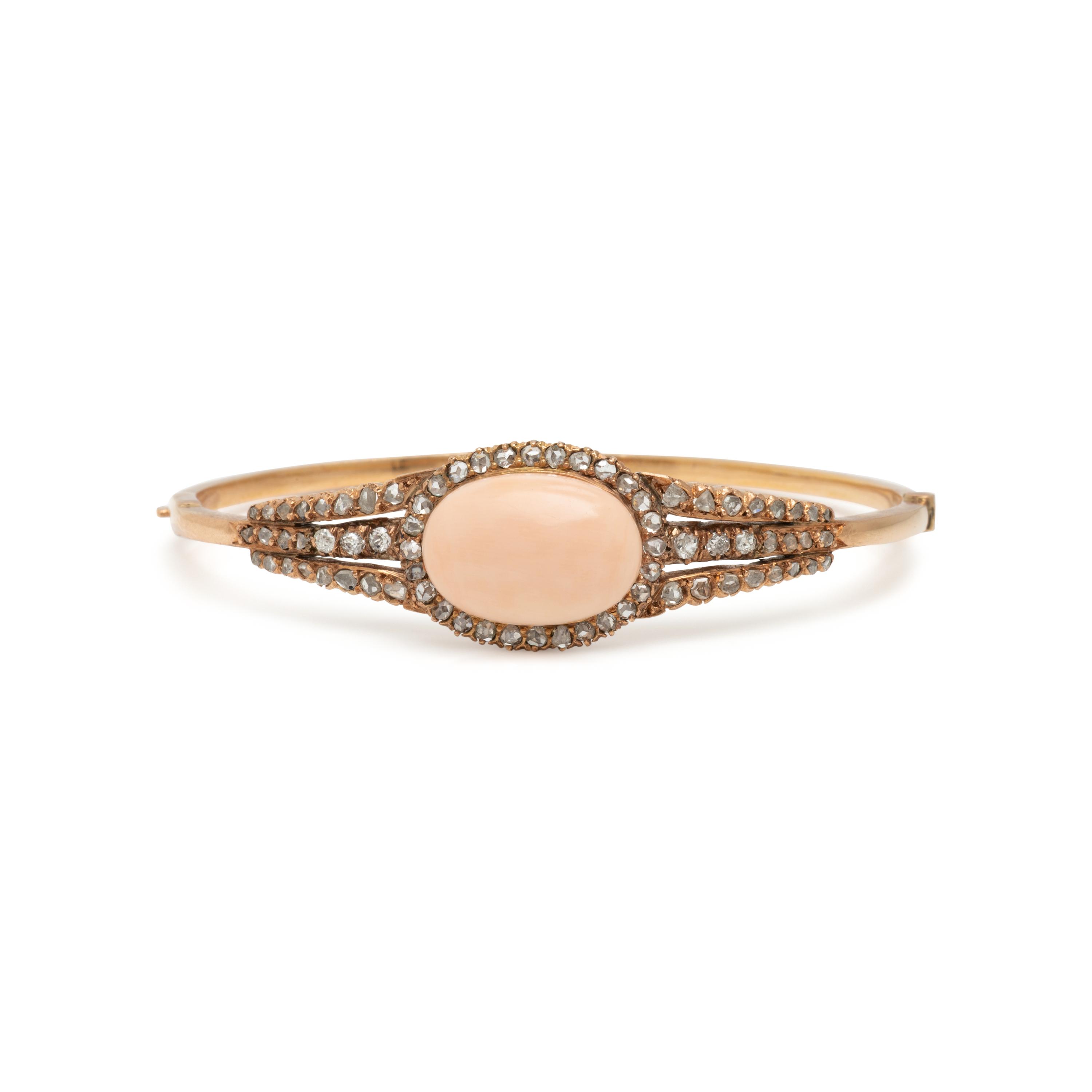 Coral, Diamond, and Yellow Gold Bangle Bracelet