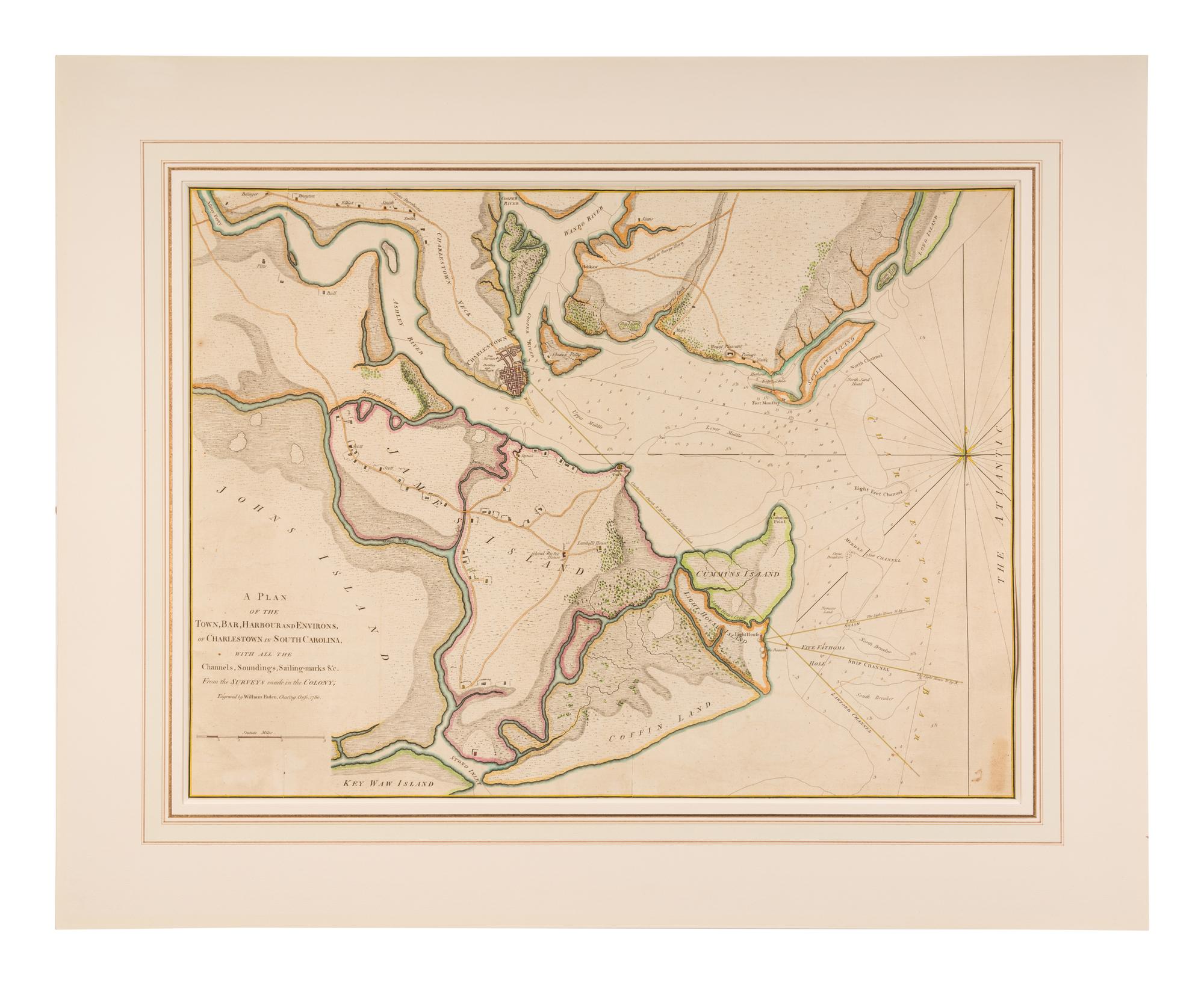 [MAP]. FADEN, William (1749-1836). A Plan of the Town, Bar, Harbour and Environs of Charlestown in South Carolina, with All the Channels, Sounding, Sailing-Marks, &c... London: William Faden, 1780.