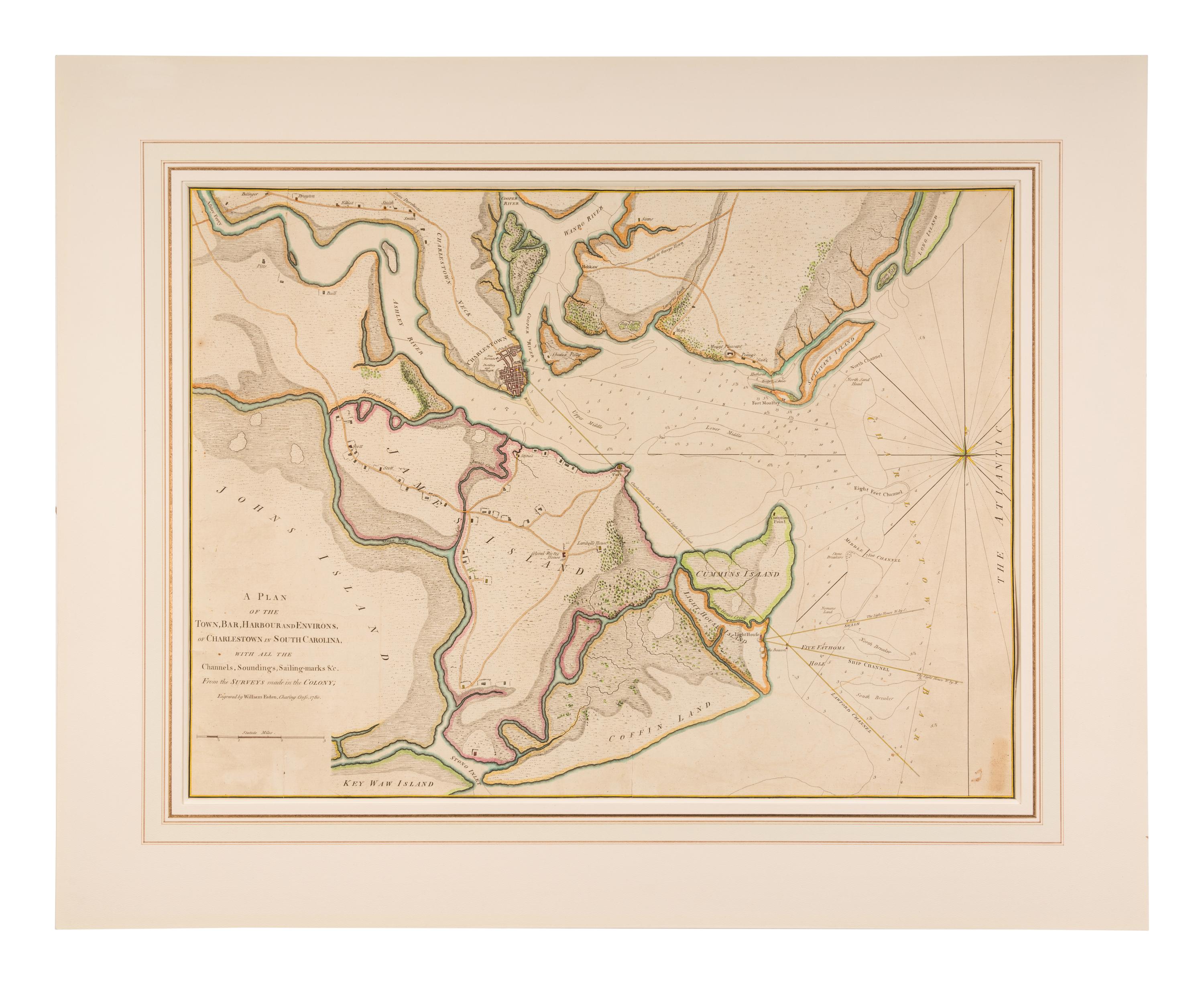 [MAP]. FADEN, William (1749-1836). A Plan of the Town, Bar, Harbour and Environs of Charlestown in South Carolina, with All the Channels, Sounding, Sailing-Marks, &c... London: William Faden, 1780.