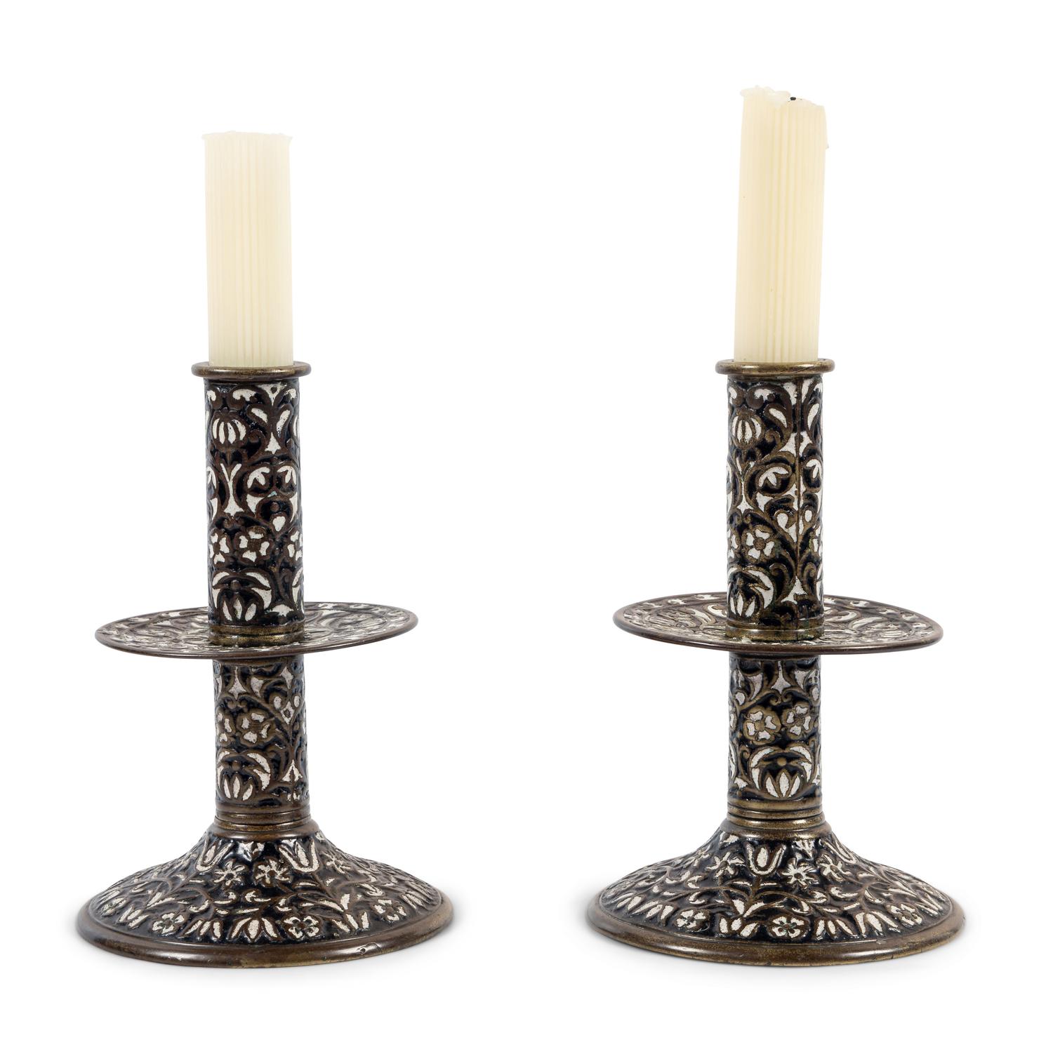 A Pair of Cast Brass 'Surrey Enamel' Candlesticks