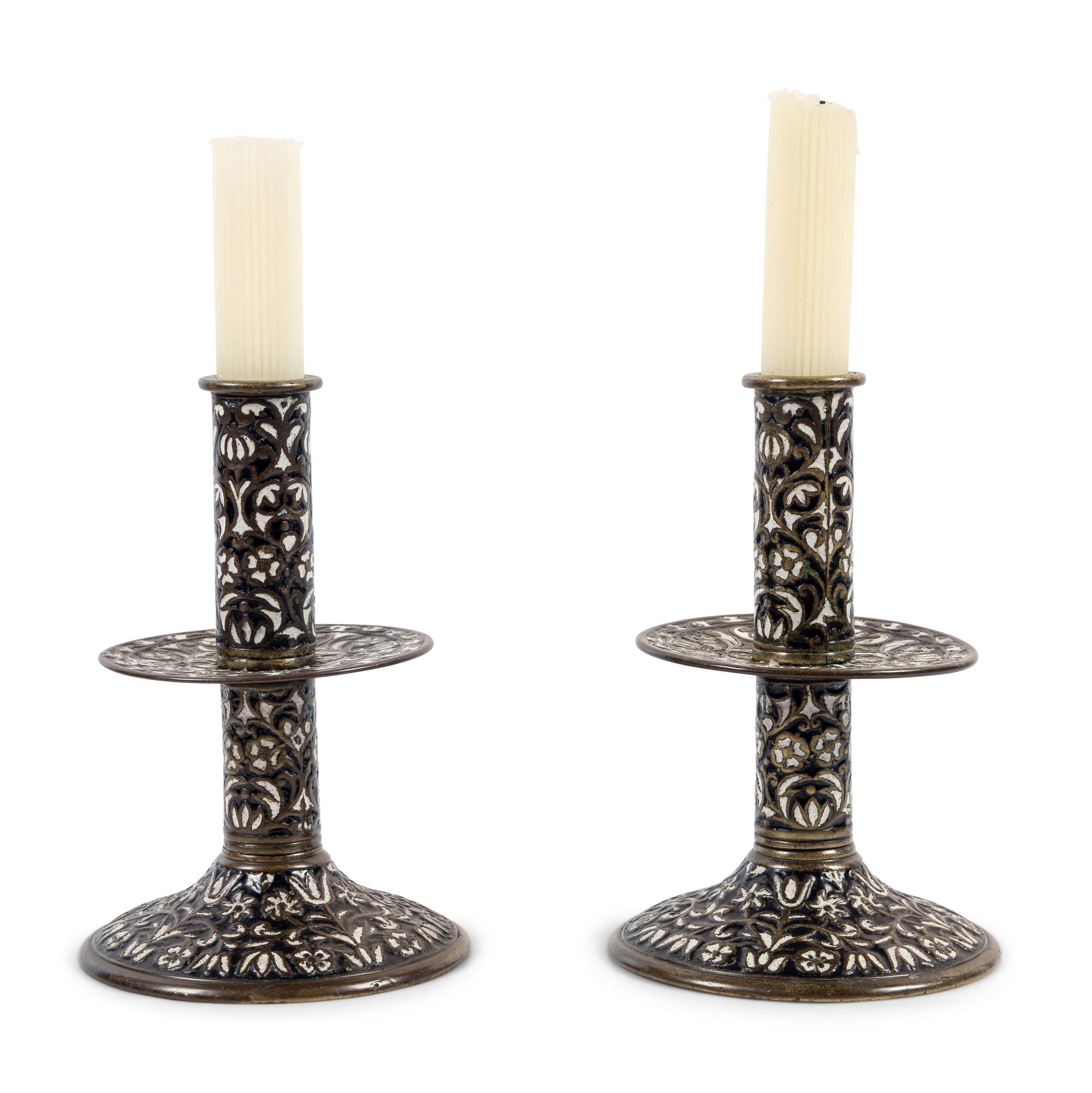 A Pair of Cast Brass 'Surrey Enamel' Candlesticks