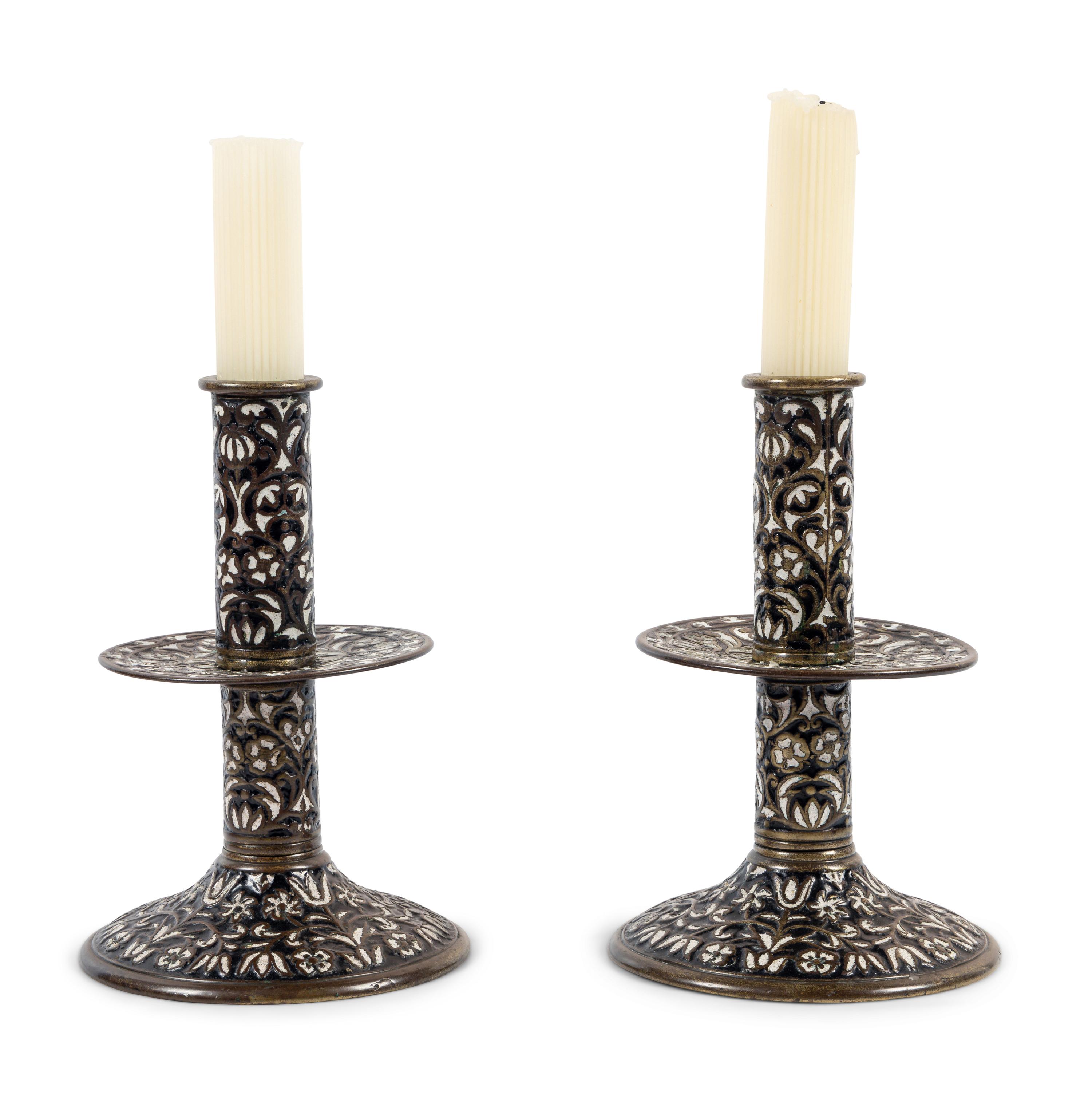A Pair of Cast Brass 'Surrey Enamel' Candlesticks