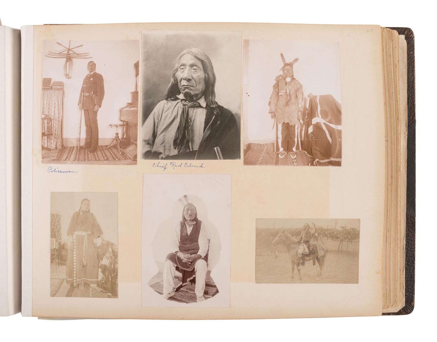 Exceptional album containing photographs of Pine Ridge Reservation and its surroundings, incl. Native American subjects, Indian schools, ceremonies, camp life, and Wounded Knee. Ca late 1890s-early 1900s.
