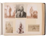 Exceptional album containing photographs of Pine Ridge Reservation and its surroundings, incl. Native American subjects, Indian schools, ceremonies, camp life, and Wounded Knee. Ca late 1890s-early 1900s.