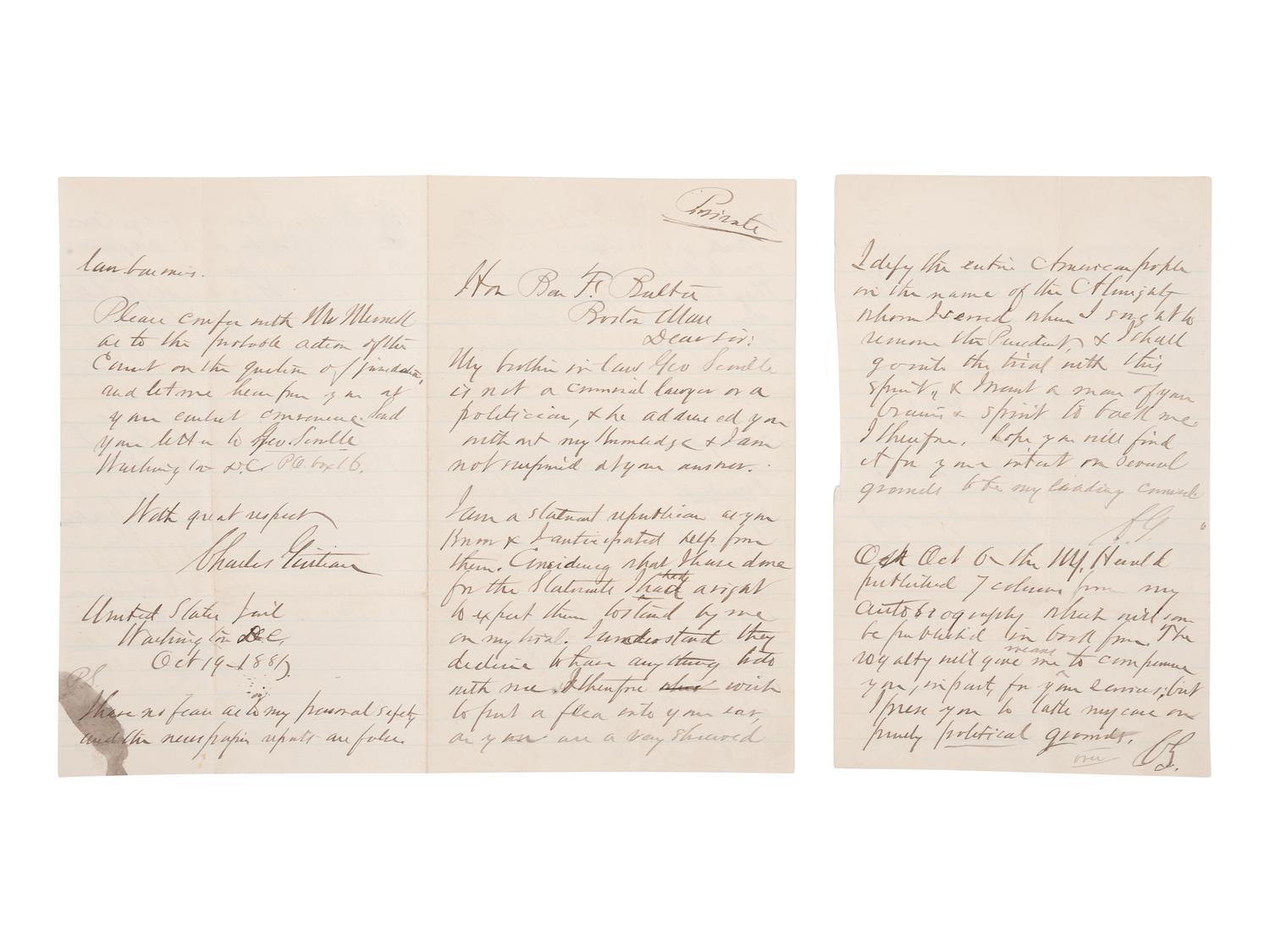 GUITEAU, Charles Julius (1840-1882), Assassin of President James A. Garfield. Autograph letter signed (“C. G.”), to Benjamin F. Butler. Washington, D. C., 19 October 1881.