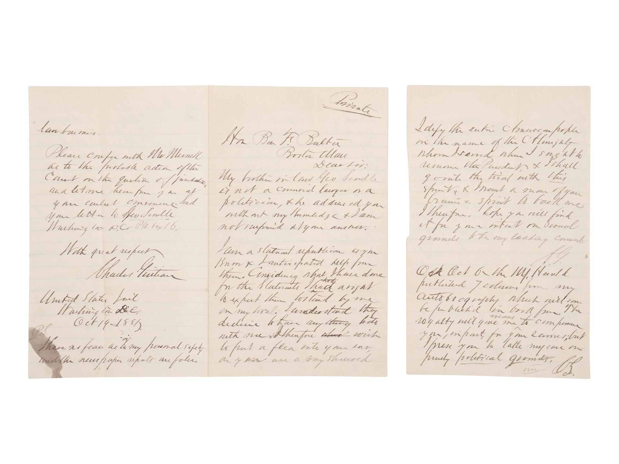 GUITEAU, Charles Julius (1840-1882), Assassin of President James A. Garfield. Autograph letter signed (“C. G.”), to Benjamin F. Butler. Washington, D. C., 19 October 1881.