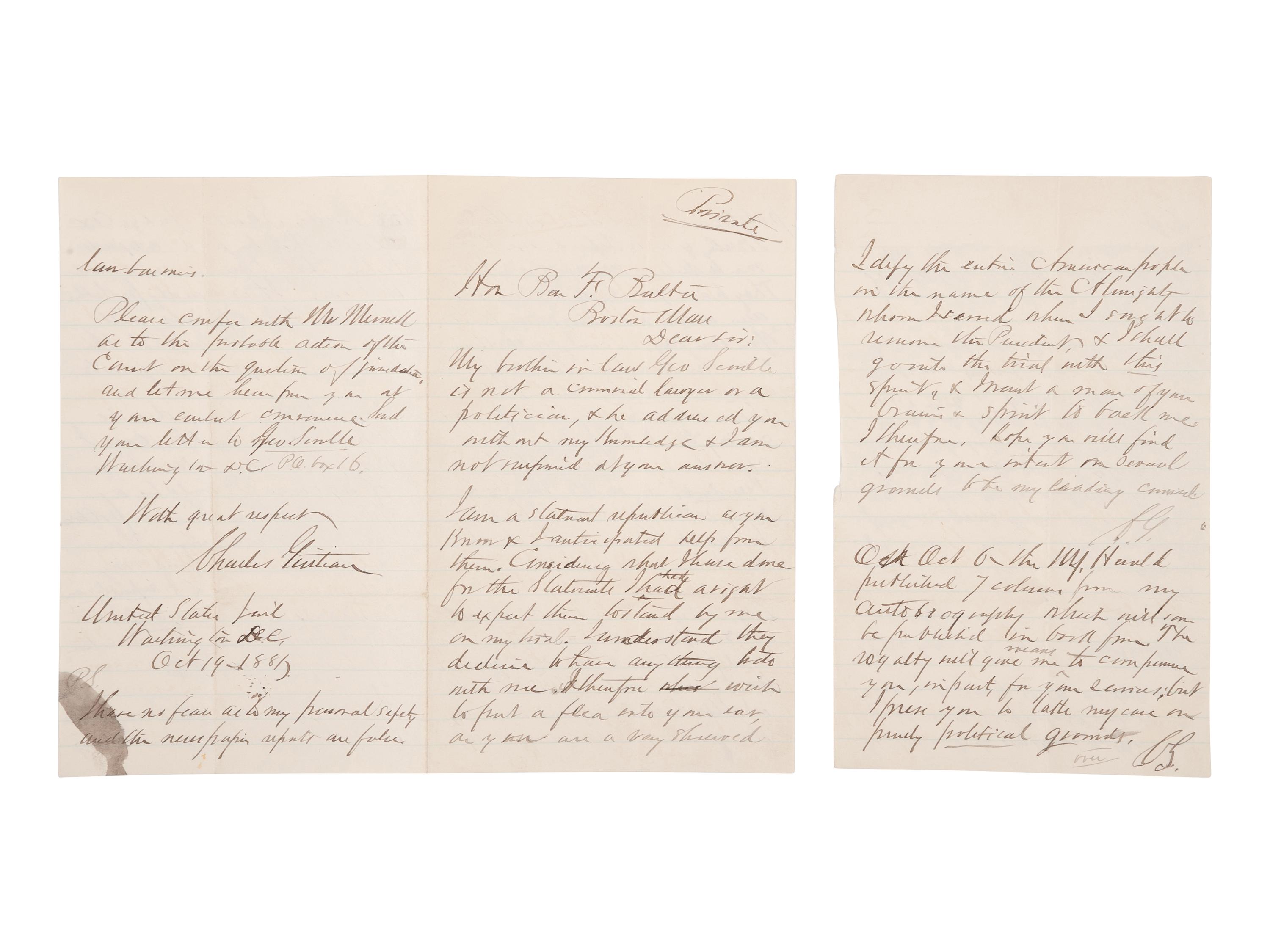 GUITEAU, Charles Julius (1840-1882), Assassin of President James A. Garfield. Autograph letter signed (“C. G.”), to Benjamin F. Butler. Washington, D. C., 19 October 1881.