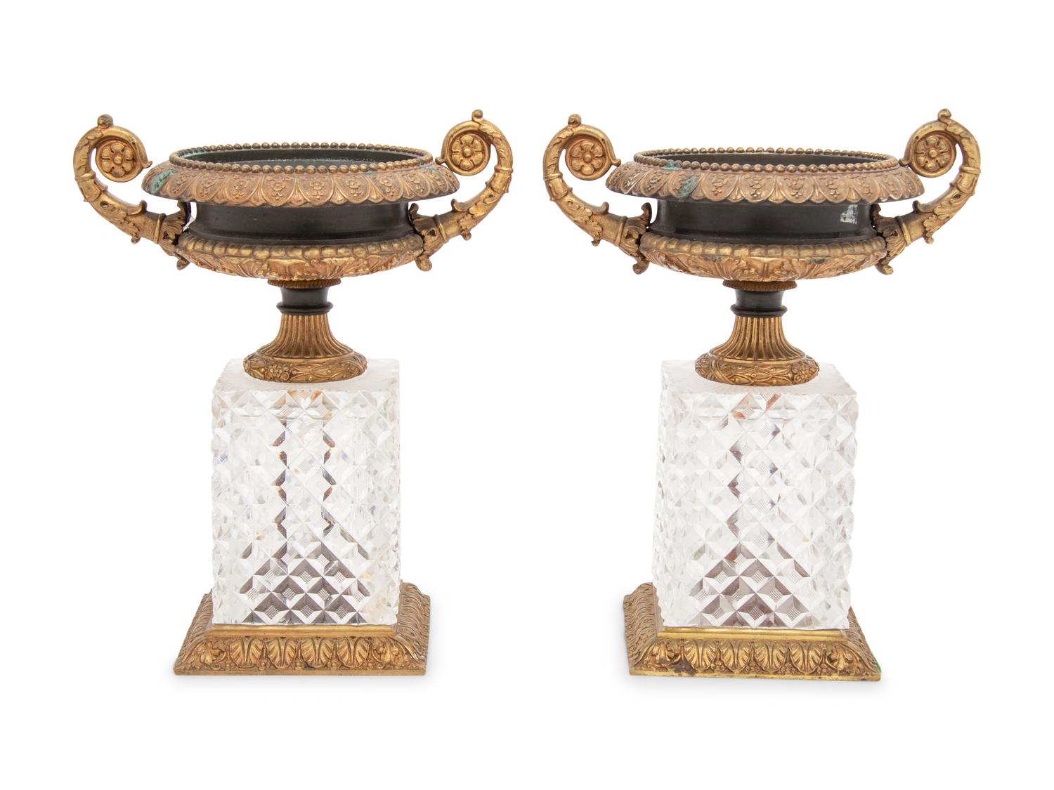 A Pair of French Gilt and Patinated Bronze and Cut Glass Urns