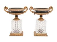 A Pair of French Gilt and Patinated Bronze and Cut Glass Urns
