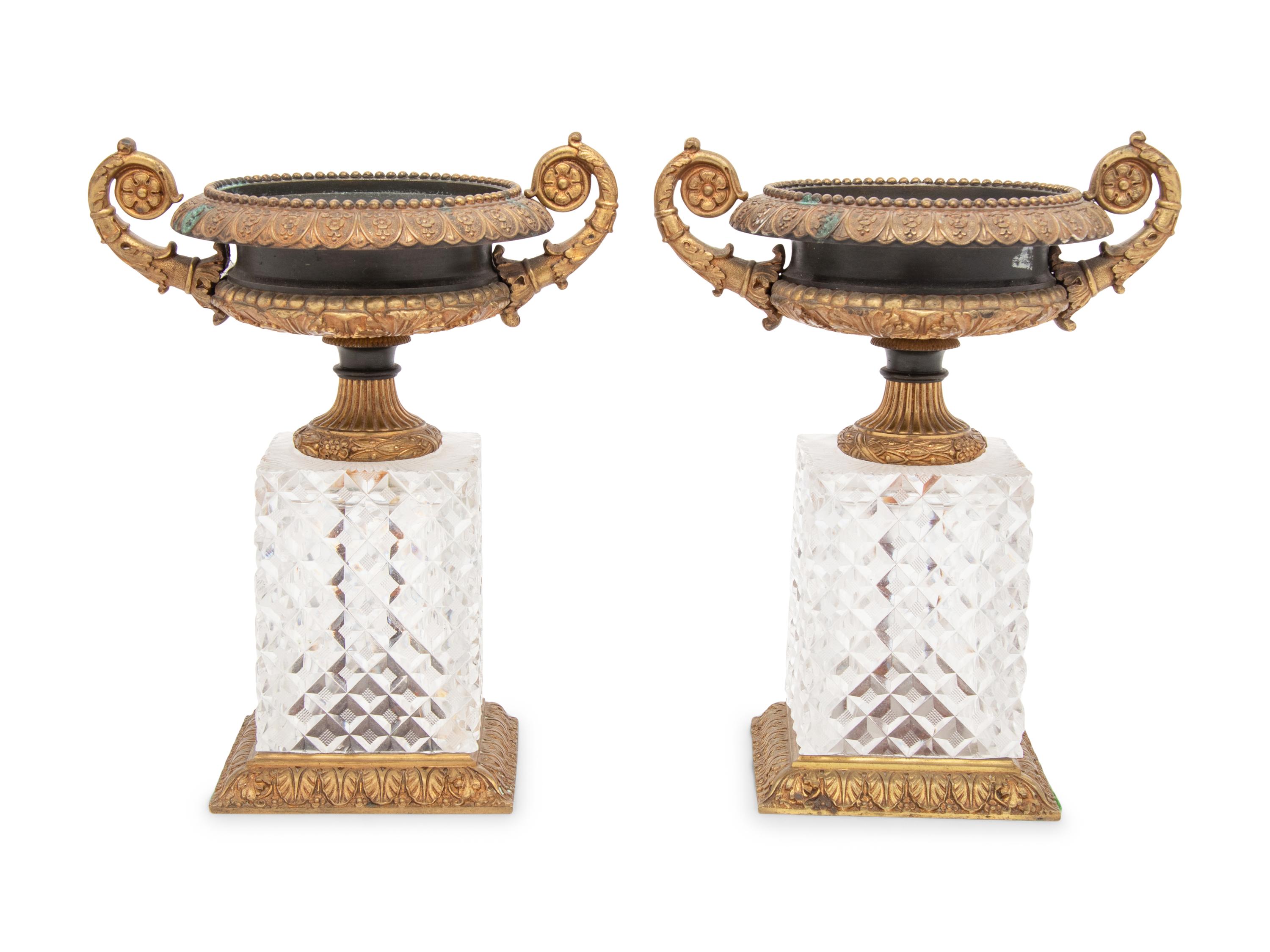 A Pair of French Gilt and Patinated Bronze and Cut Glass Urns