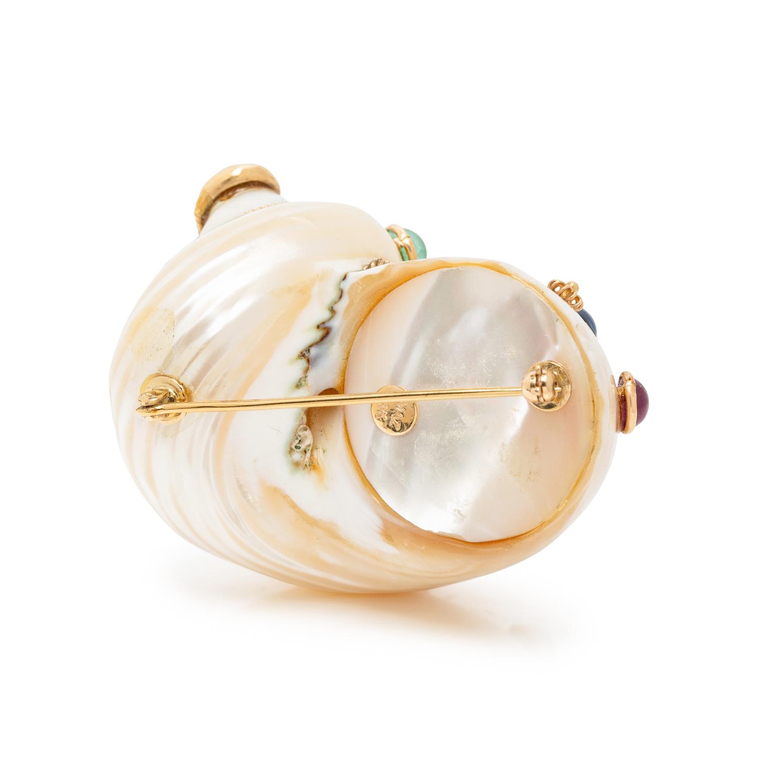 MAZ, TURBO SHELL, MULTIGEM, AND YELLOW GOLD BROOCH