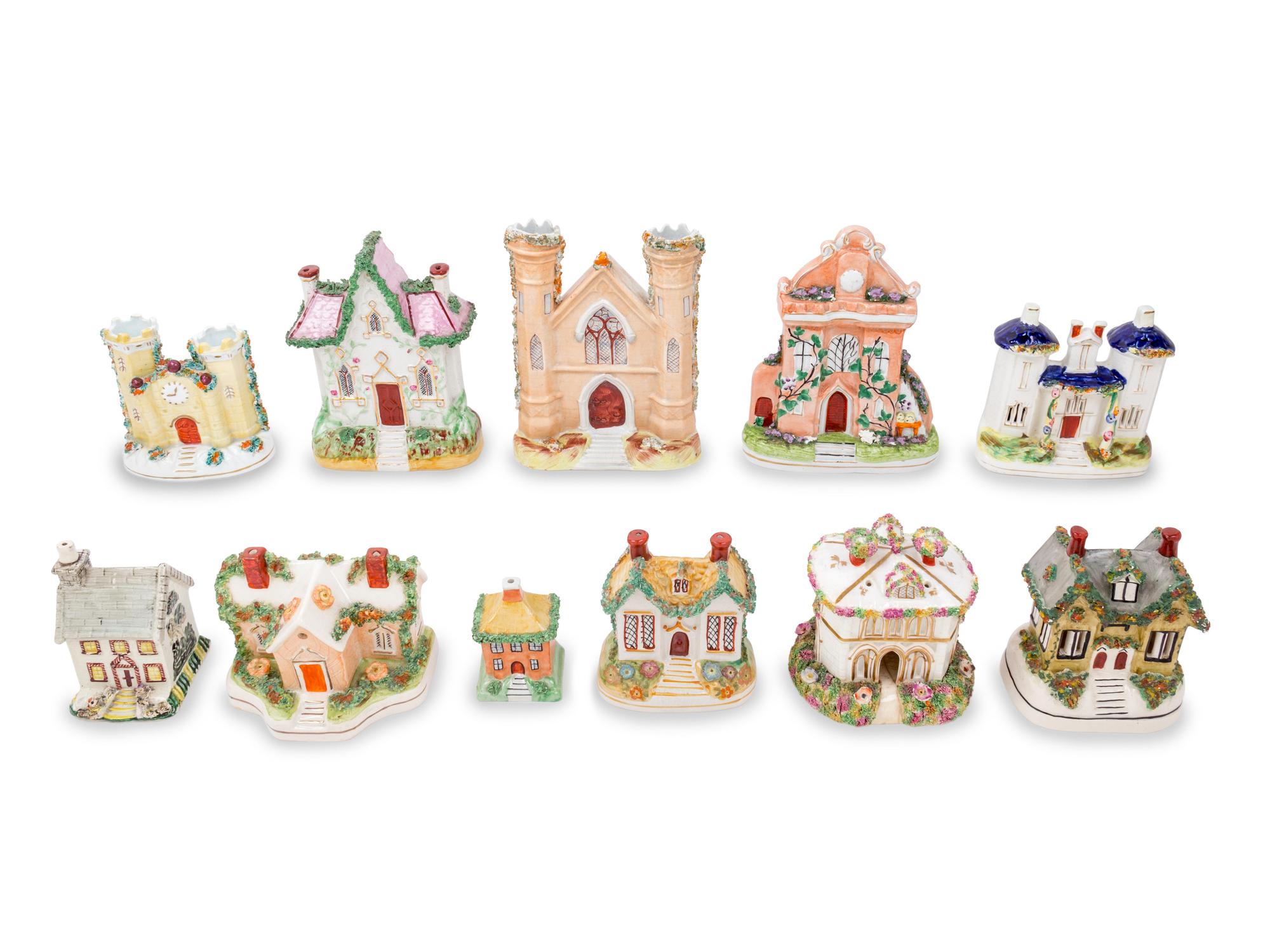 Eleven Staffordshire Cottage and Church-Form Pastille Burners — 19TH CENTURY