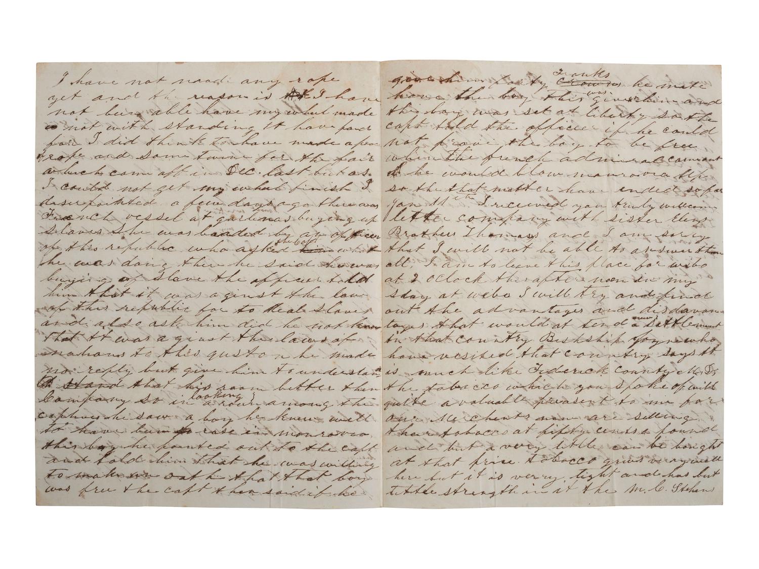 [LIBERIA]. COX, James. Autograph letter signed ("James Cox"). Harper, Camp Palmas, Liberia, 10-11 January 1859. Settler's letter with content regarding slavery and cannibalism.
