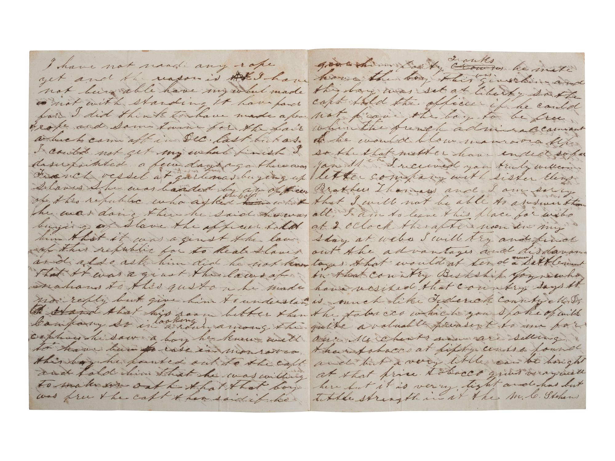 [LIBERIA]. COX, James. Autograph letter signed ("James Cox"). Harper, Camp Palmas, Liberia, 10-11 January 1859. Settler's letter with content regarding slavery and cannibalism.