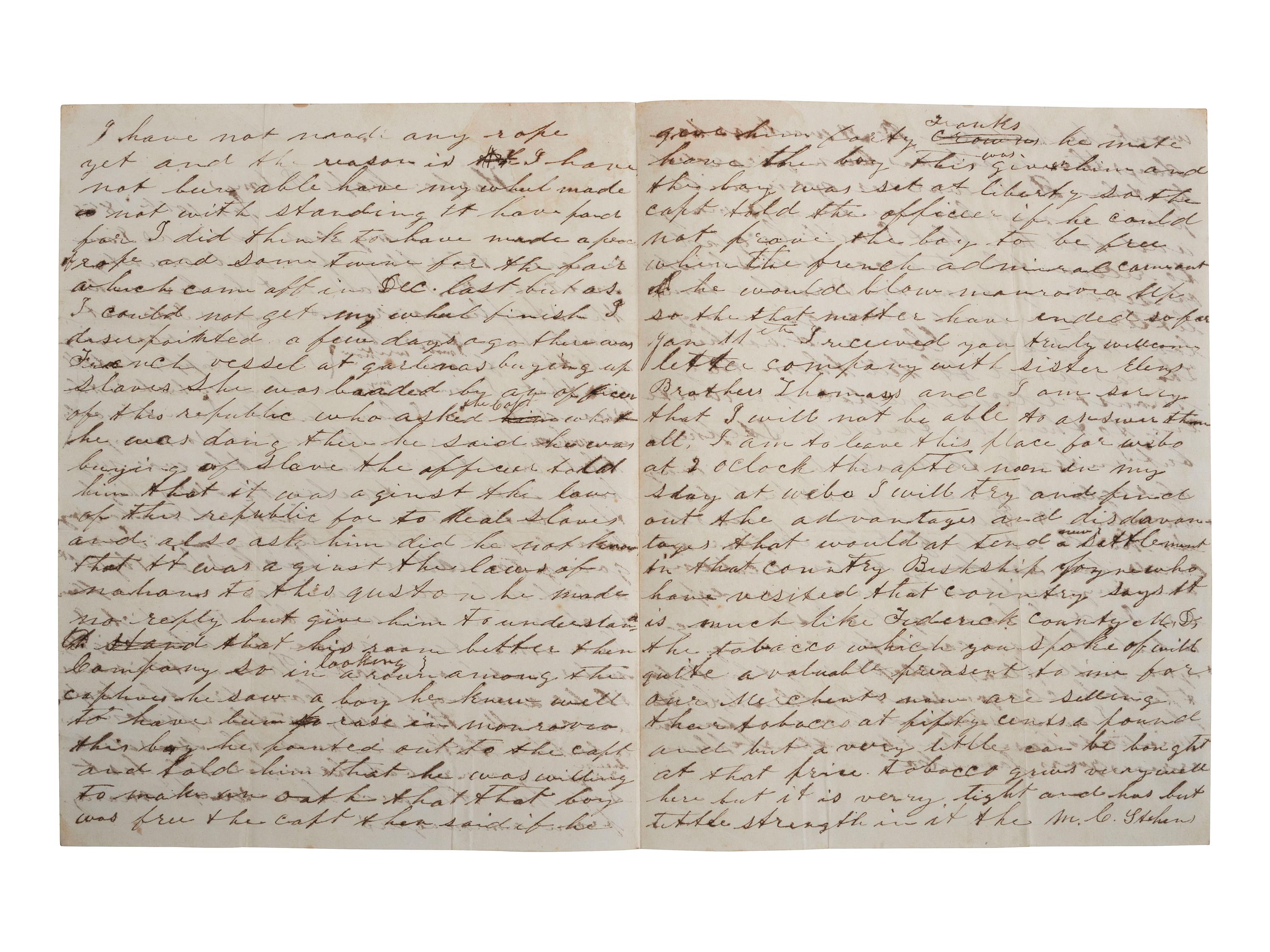 [LIBERIA]. COX, James. Autograph letter signed ("James Cox"). Harper, Camp Palmas, Liberia, 10-11 January 1859. Settler's letter with content regarding slavery and cannibalism.