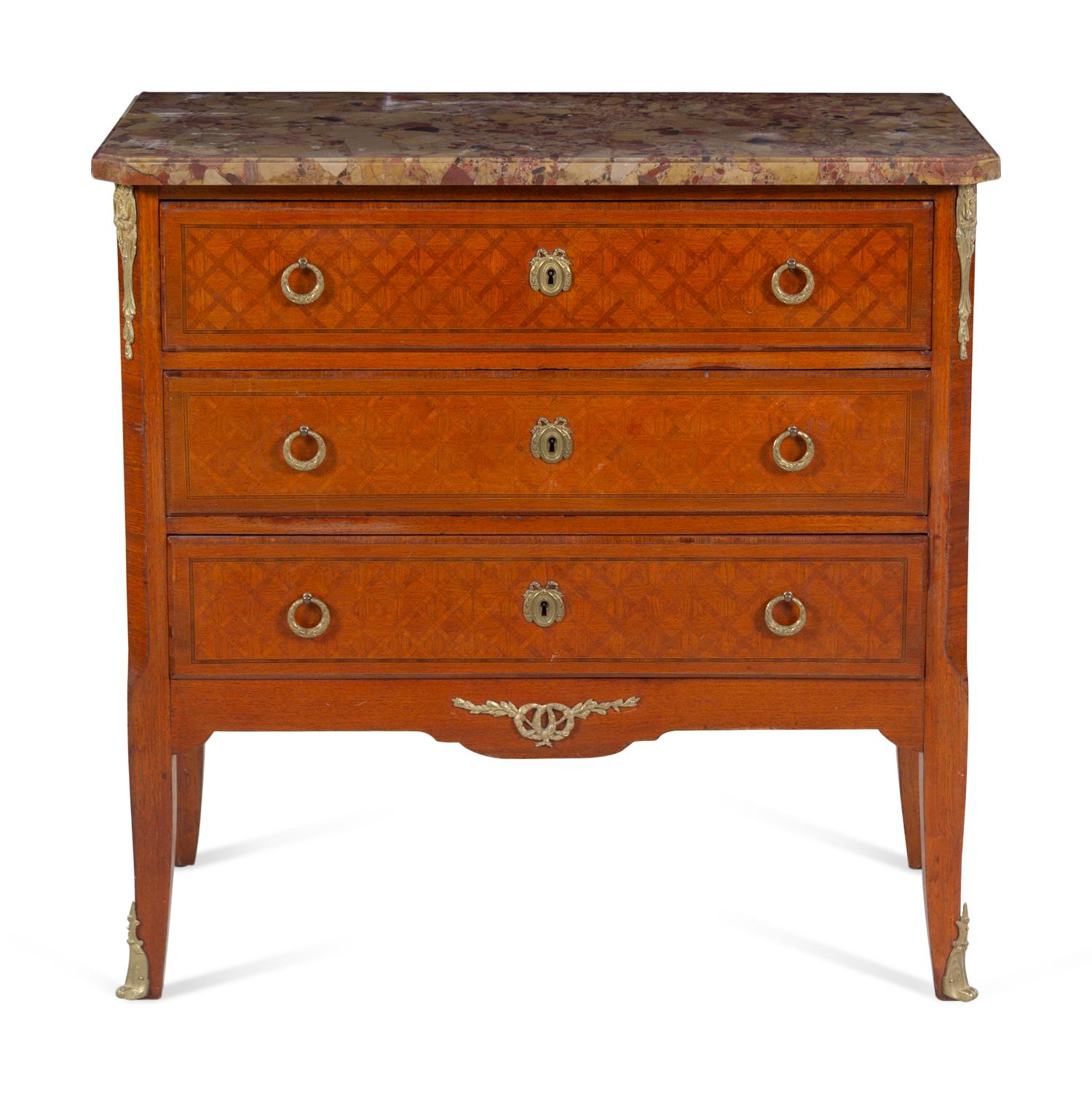 A Louis XV/XVI Transitional Style Gilt Bronze Mounted Parquetry Brèche d'Alep Marble-Top Commode