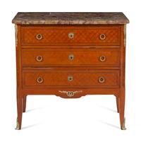 A Louis XV/XVI Transitional Style Gilt Bronze Mounted Parquetry Brèche d'Alep Marble-Top Commode