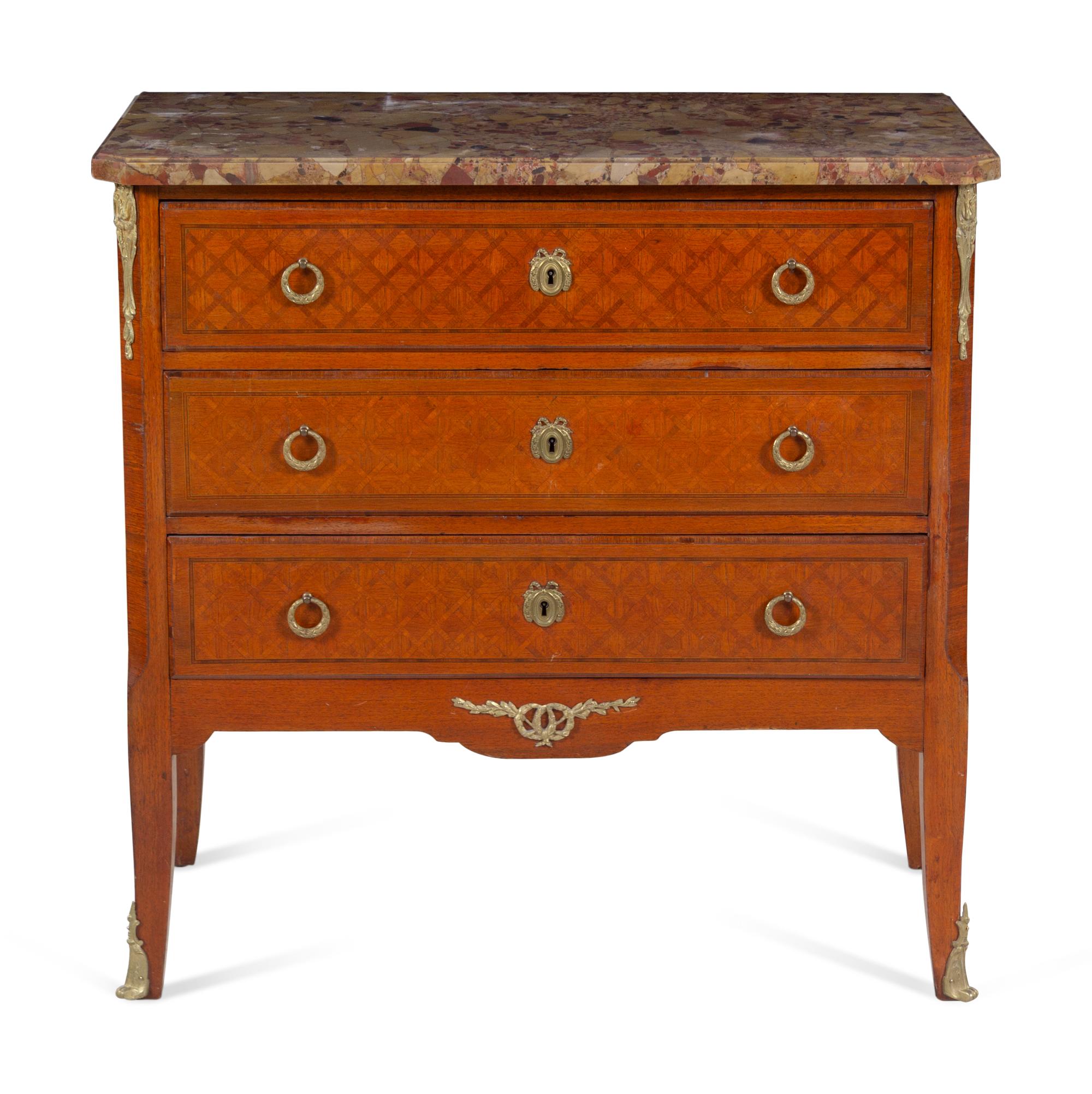 A Louis XV/XVI Transitional Style Gilt Bronze Mounted Parquetry Brèche d'Alep Marble-Top Commode