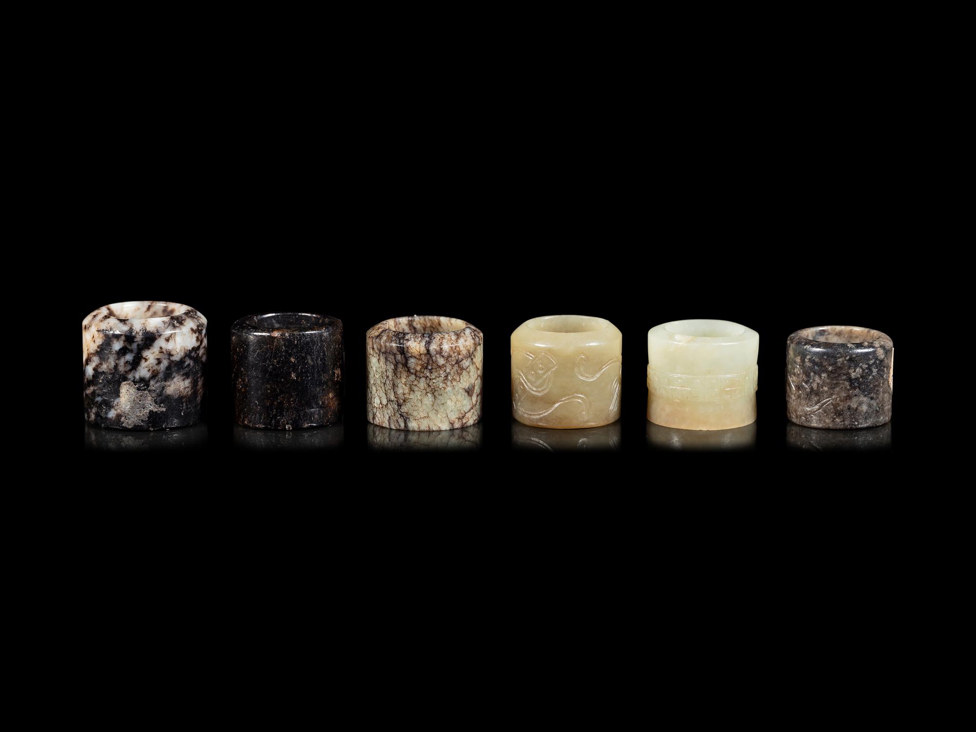 Six Celadon Jade Carved Jade Archer's Rings