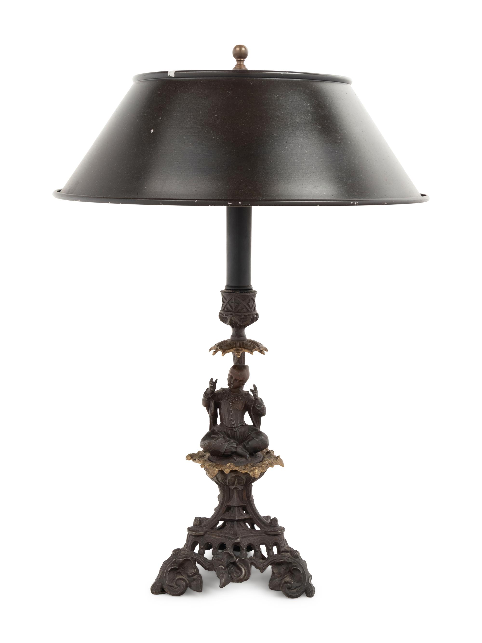 A Continental Bronze Figural Candlestick Mounted as a Lamp