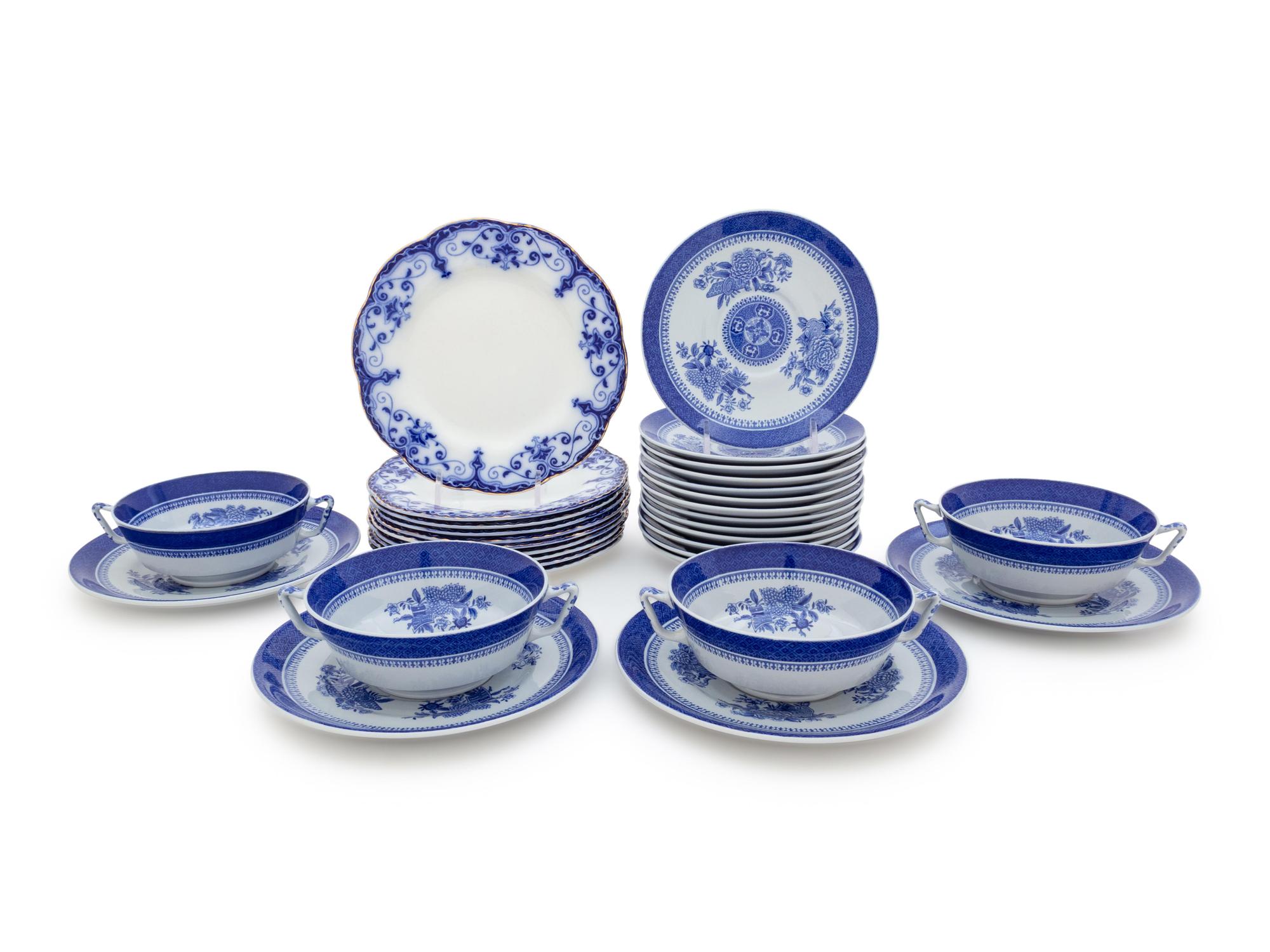 A Spode Transfer-Printed Blue and White Porcelain Part Dinner Service and Ten English Flow Blue Plates